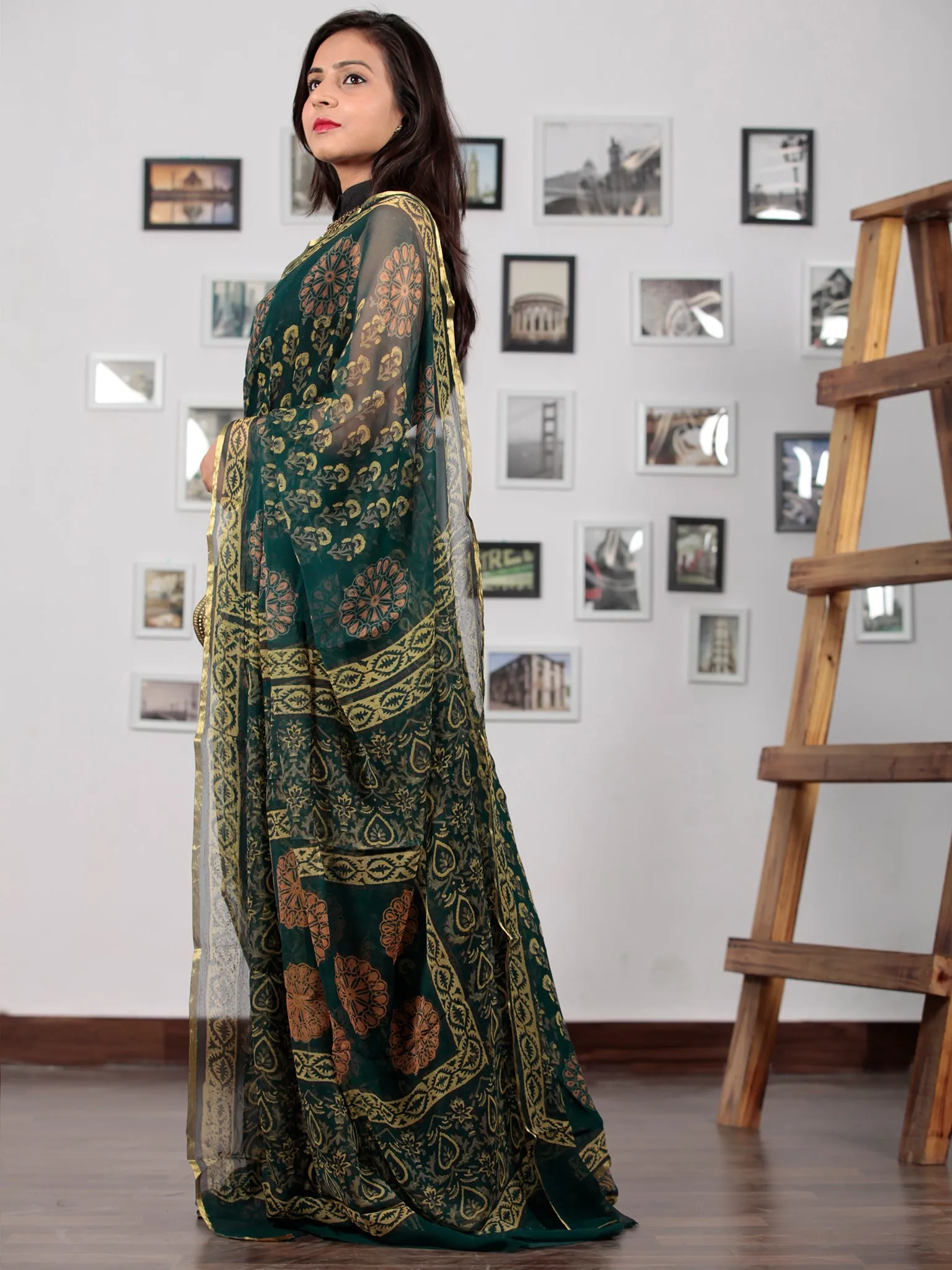 Green Coral Yellow Hand Block Printed Chiffon Saree with Zari Border - S031702767