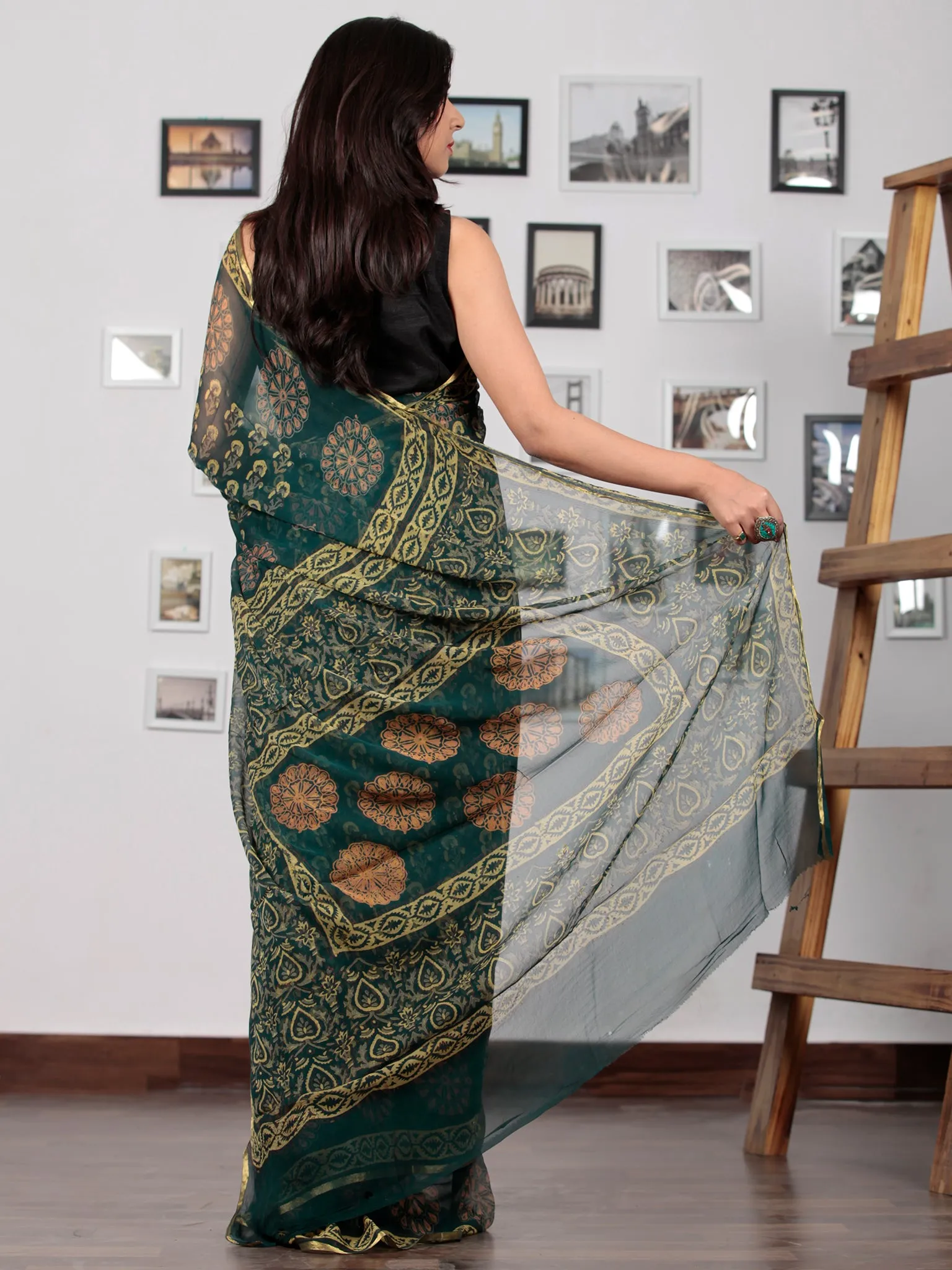 Green Coral Yellow Hand Block Printed Chiffon Saree with Zari Border - S031702767