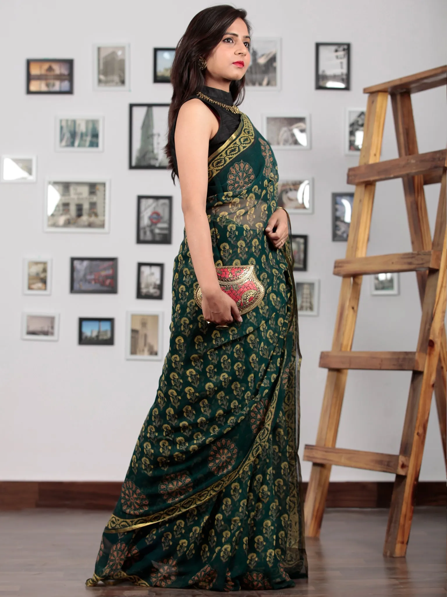 Green Coral Yellow Hand Block Printed Chiffon Saree with Zari Border - S031702767