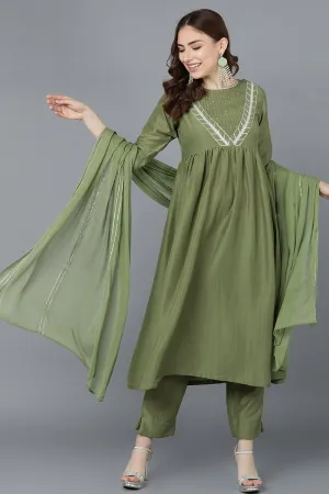 Green Poly Silk Flared Suit Set