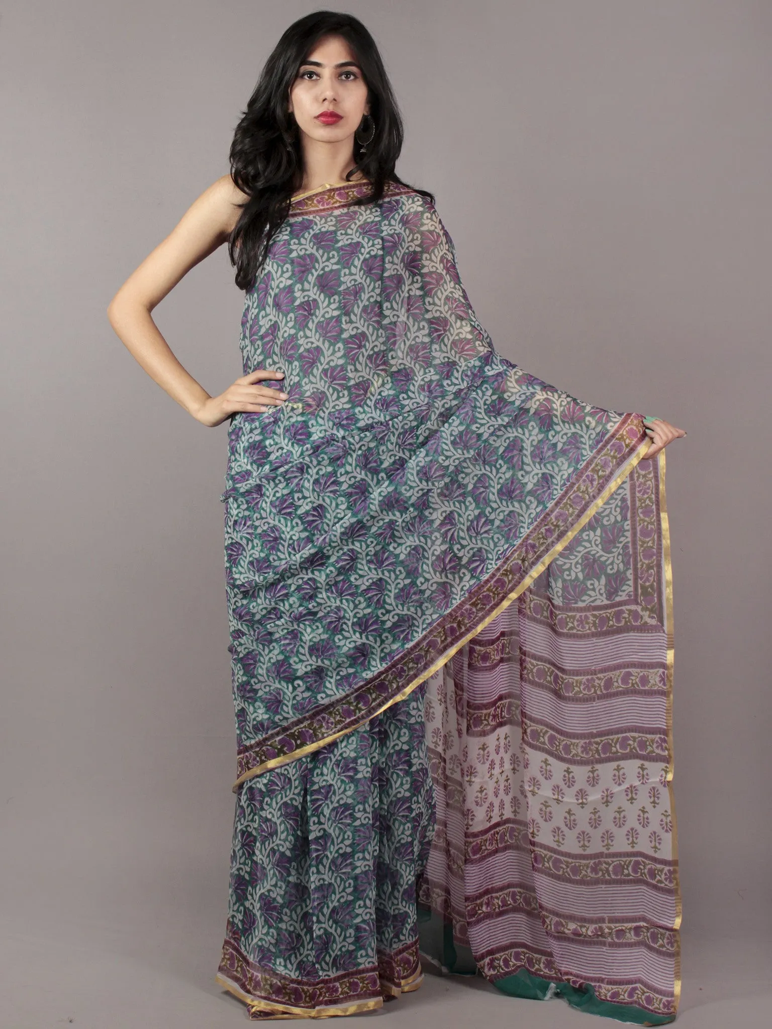 Green Purple Off White Grey Hand Block Printed Chiffon Saree - S031701861