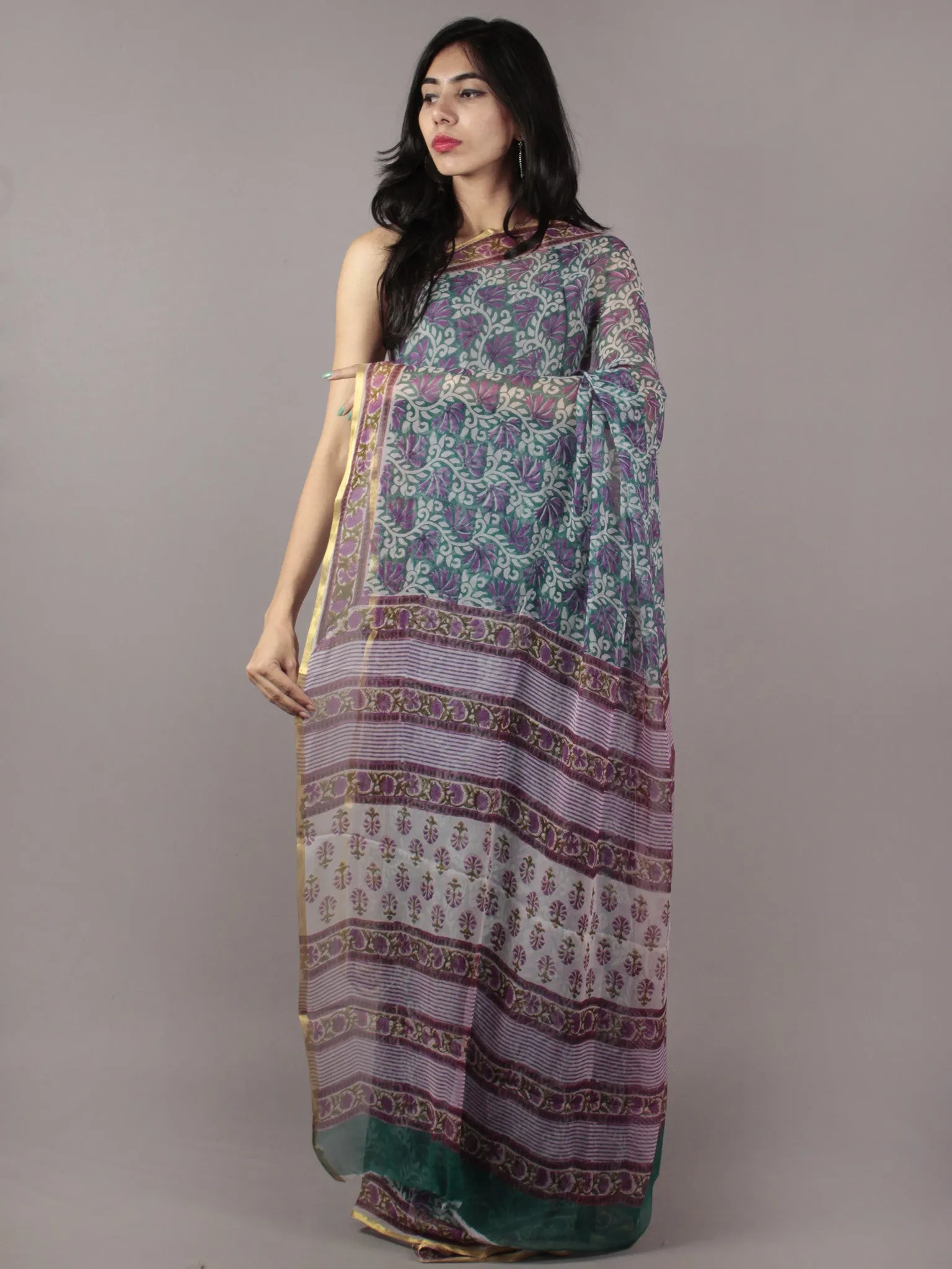 Green Purple Off White Grey Hand Block Printed Chiffon Saree - S031701861