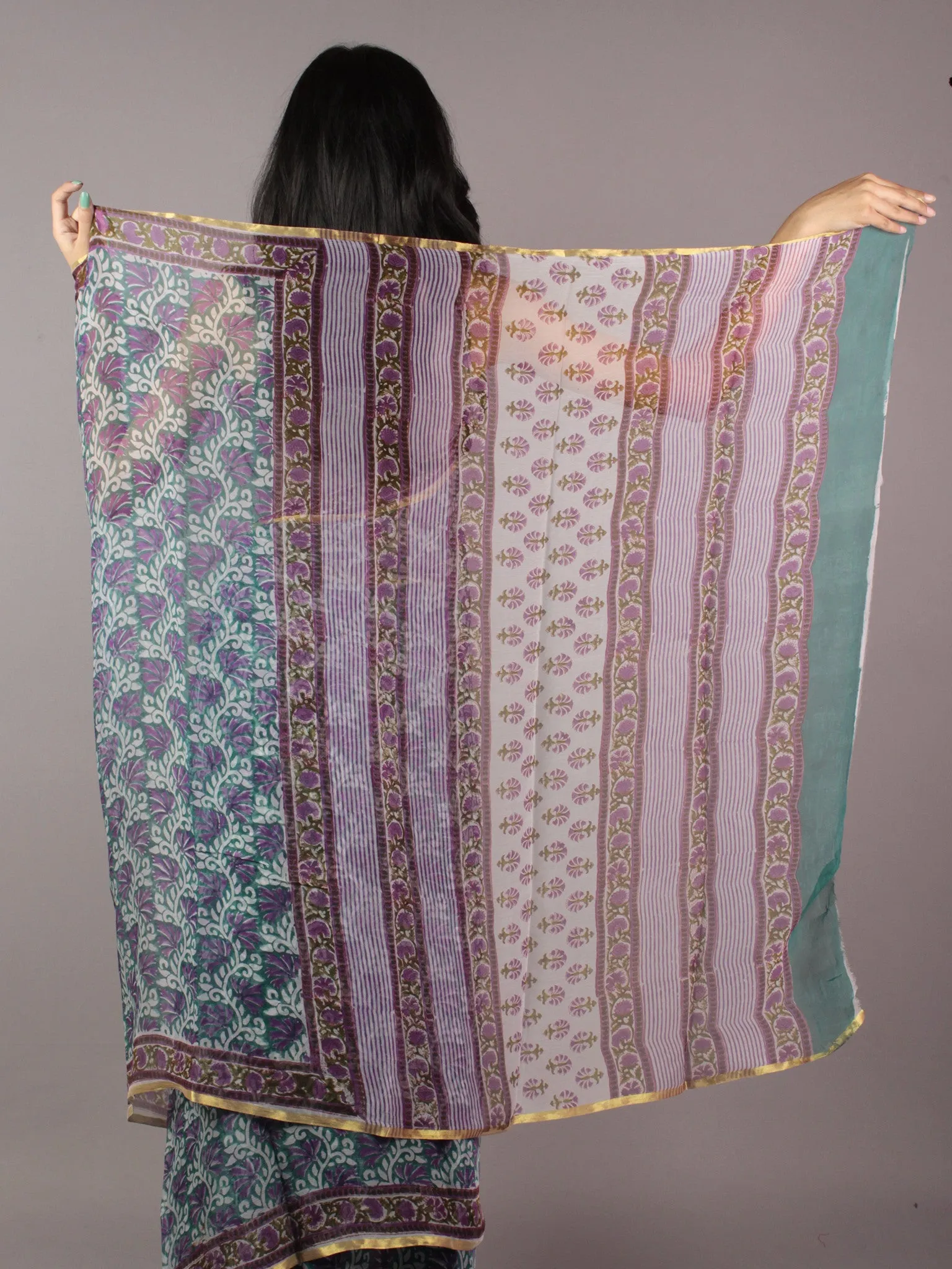 Green Purple Off White Grey Hand Block Printed Chiffon Saree - S031701861