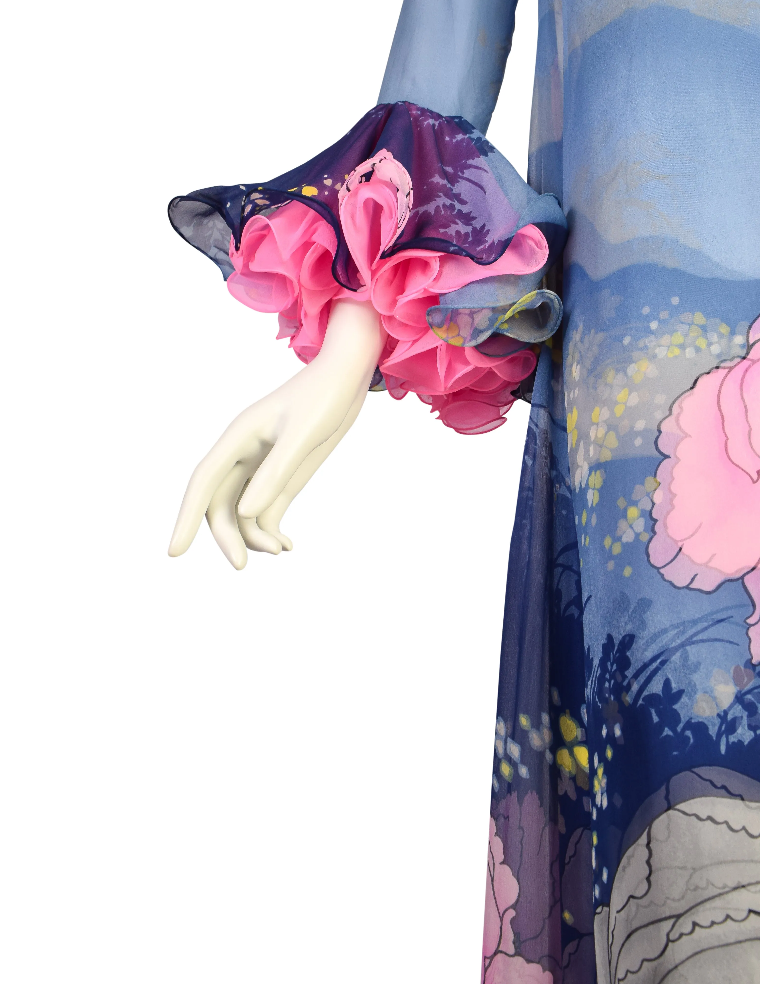 Hanae Mori Vintage 1972 Exceptional Vivid Layered Floral Silk Ruffle Sleeve Gown