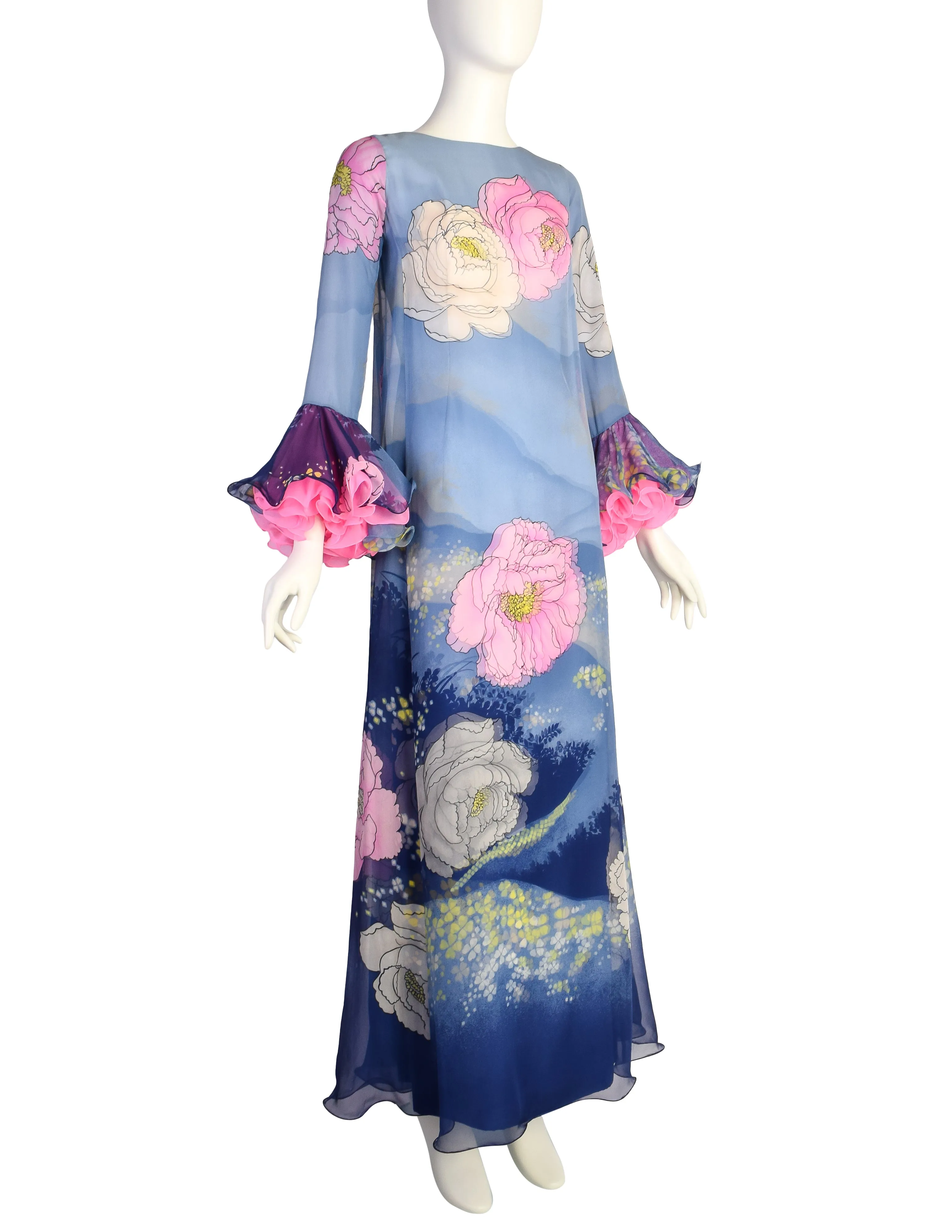 Hanae Mori Vintage 1972 Exceptional Vivid Layered Floral Silk Ruffle Sleeve Gown