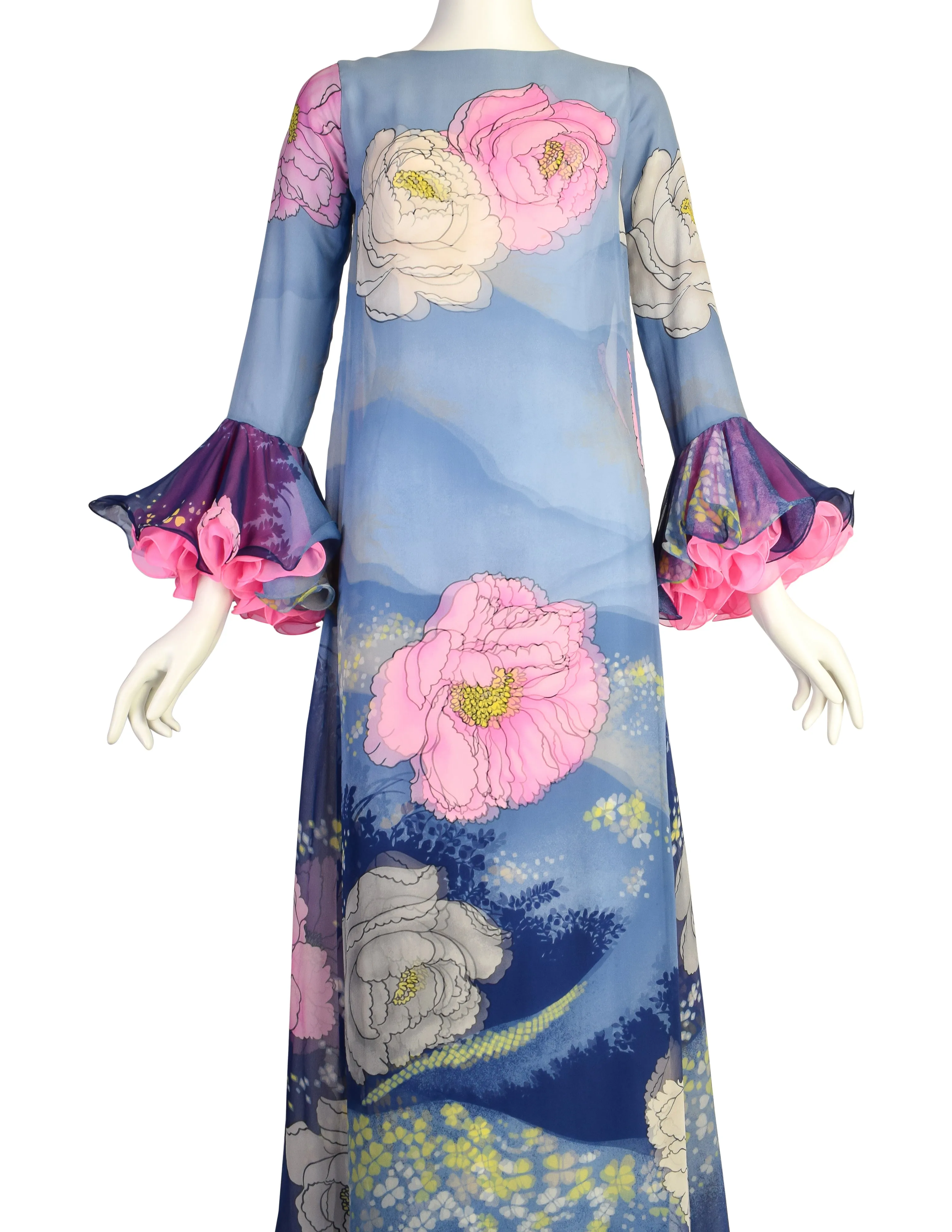 Hanae Mori Vintage 1972 Exceptional Vivid Layered Floral Silk Ruffle Sleeve Gown