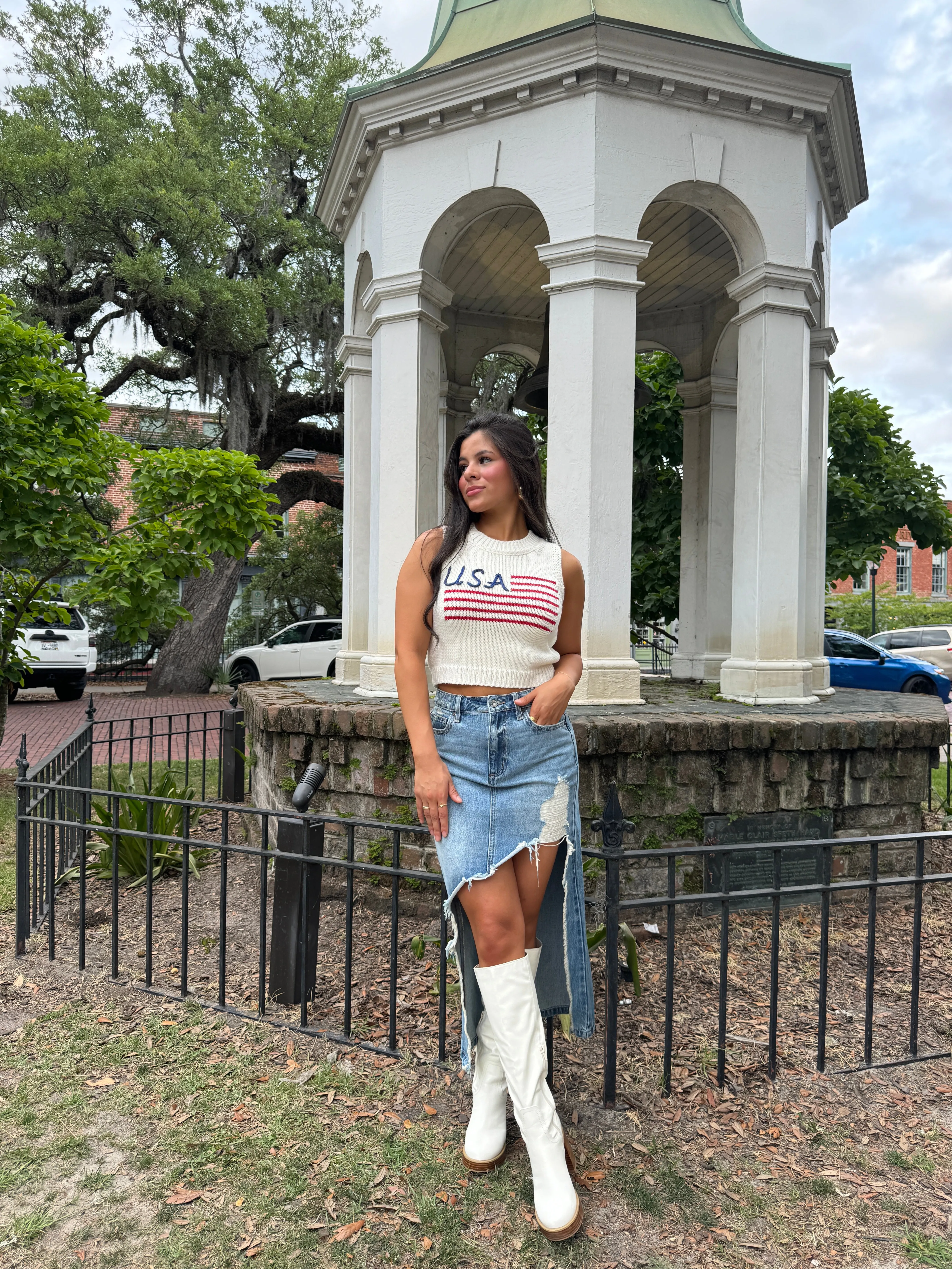 High-Low Distressed Denim Skirt