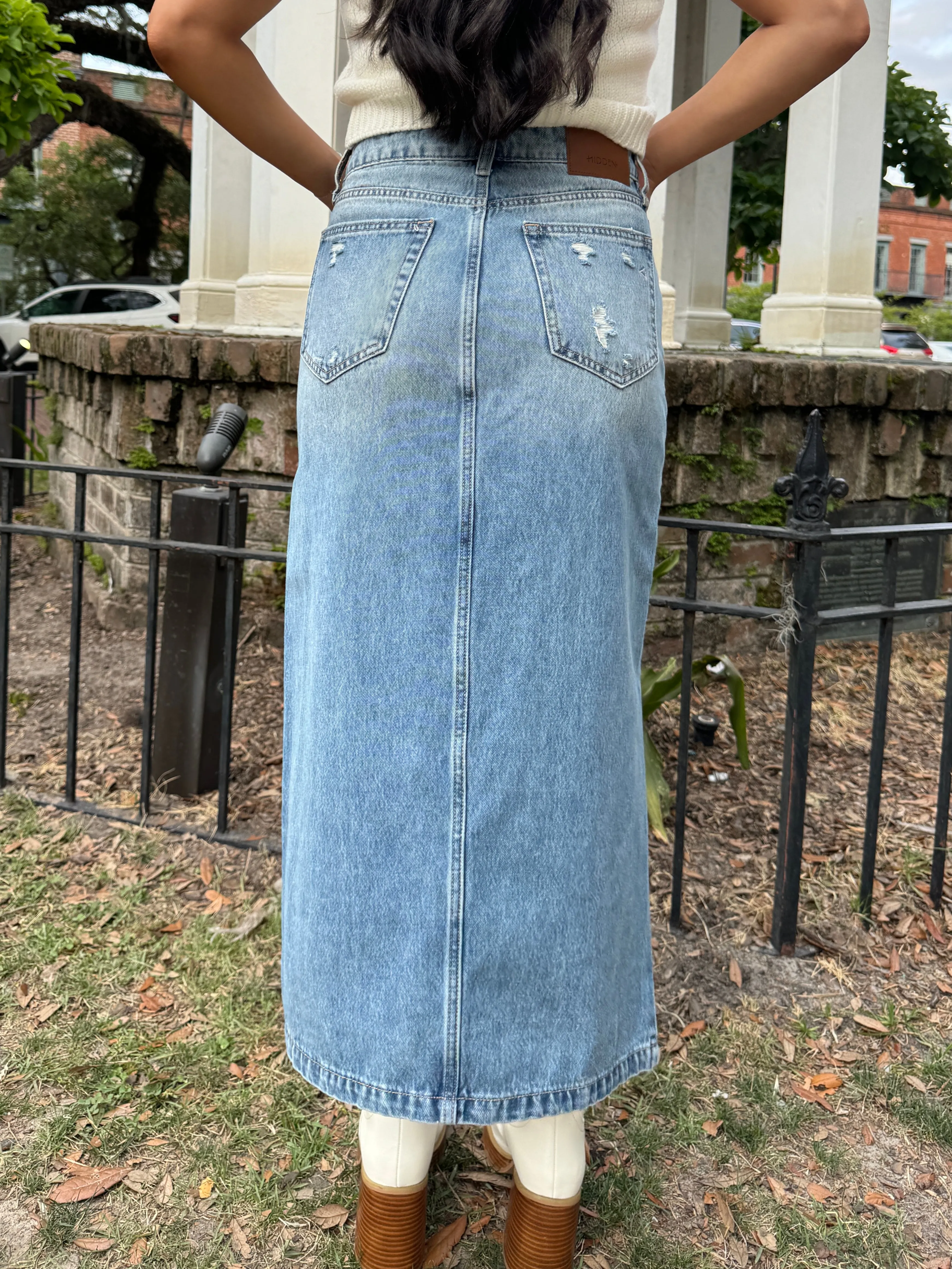 High-Low Distressed Denim Skirt