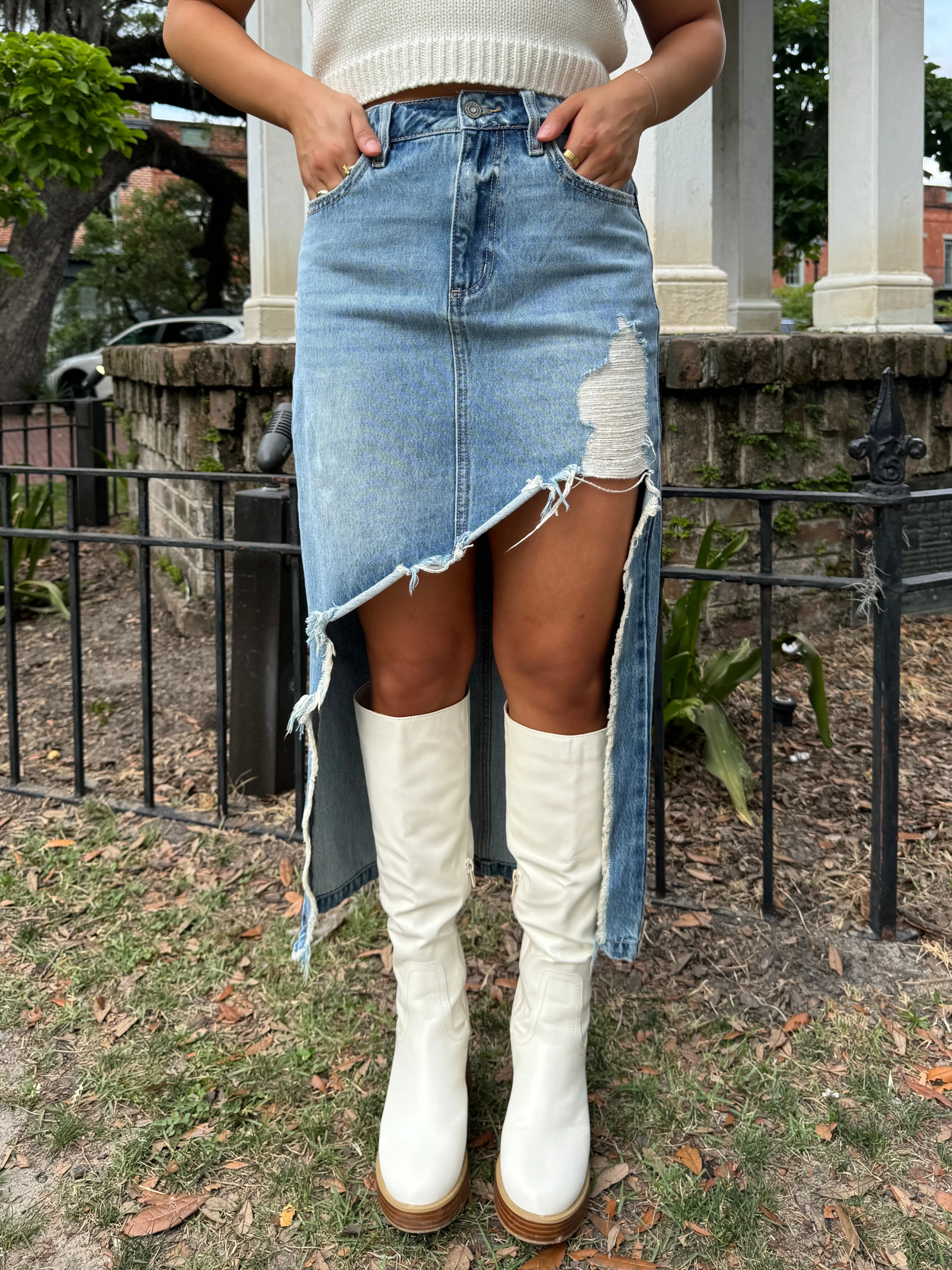 High-Low Distressed Denim Skirt