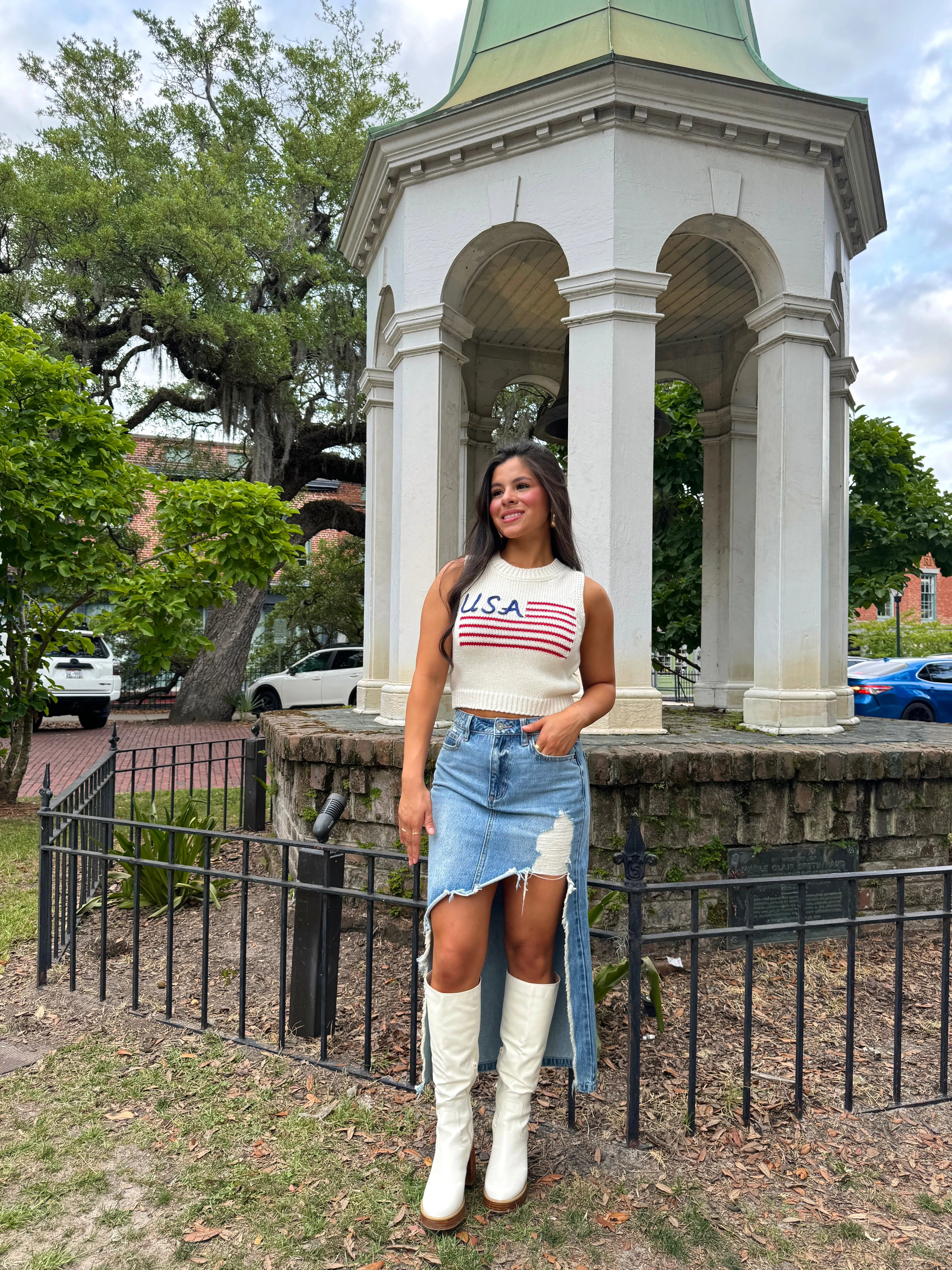 High-Low Distressed Denim Skirt