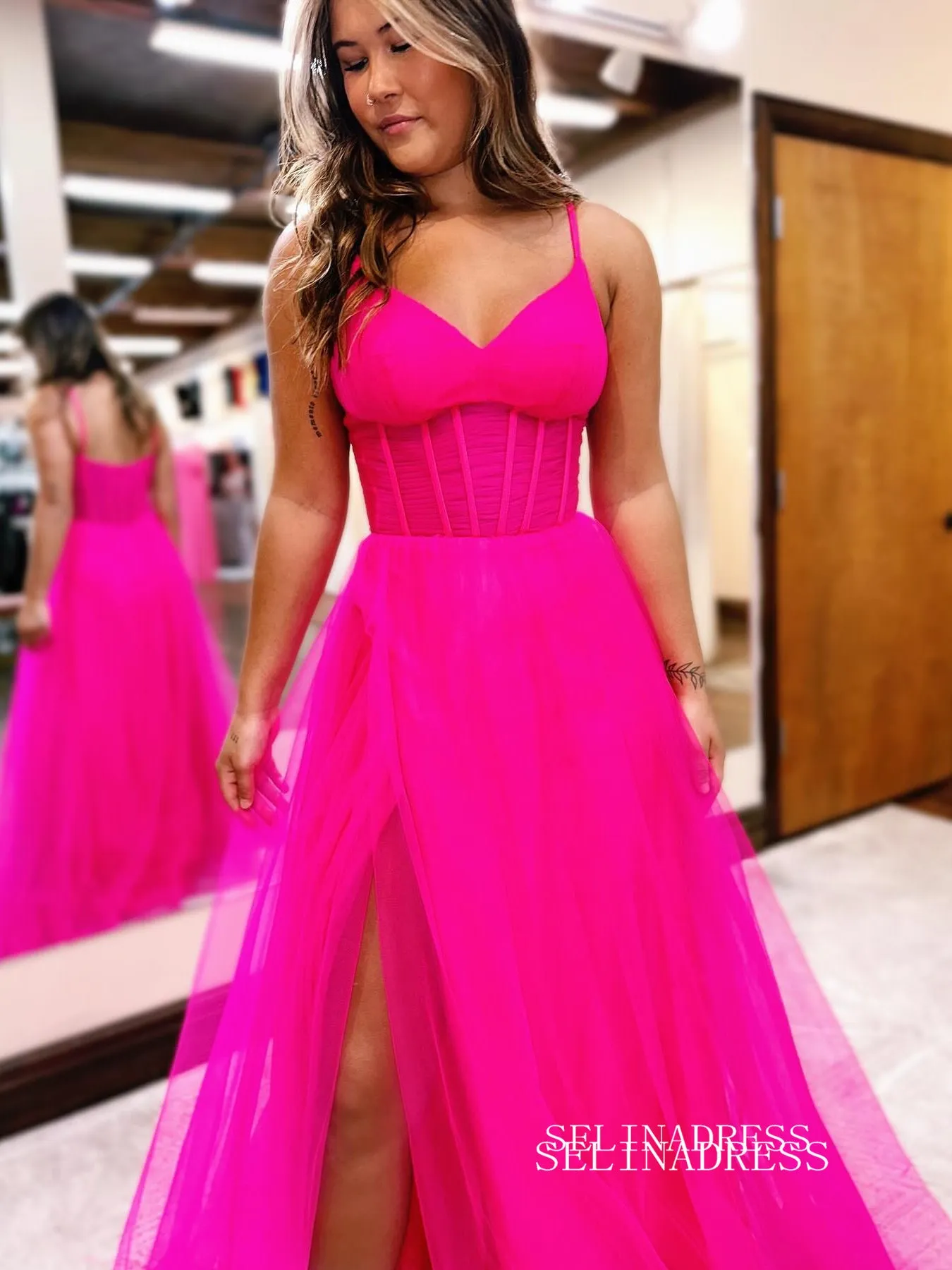 Hot Pink Spaghetti Straps Long Prom Dress With Split Tulle Evening Dress EWR467