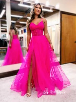 Hot Pink Spaghetti Straps Long Prom Dress With Split Tulle Evening Dress EWR467