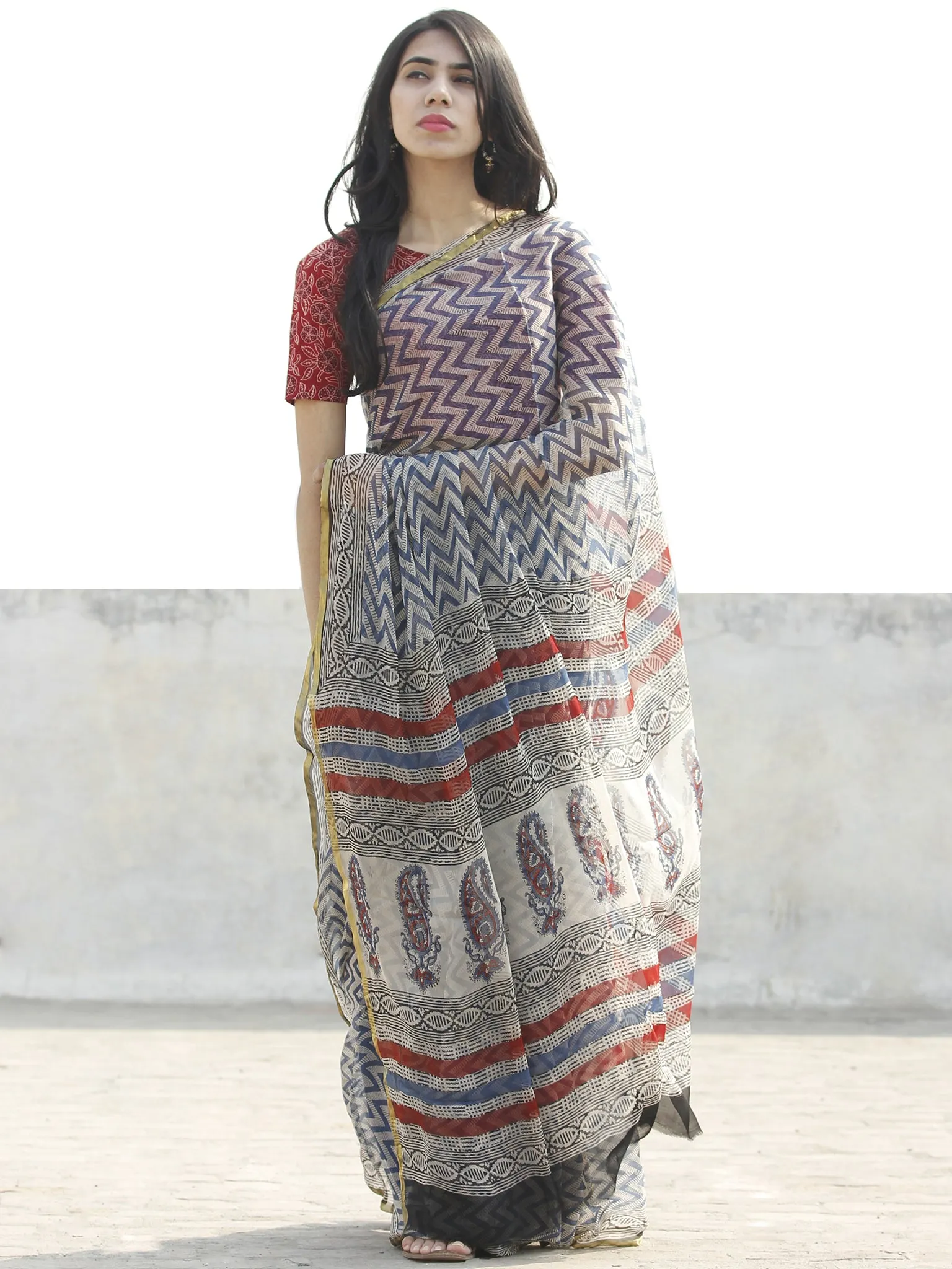 Indigo & Grey Hand Block Printed Chiffon Saree with Zari border- S031702673