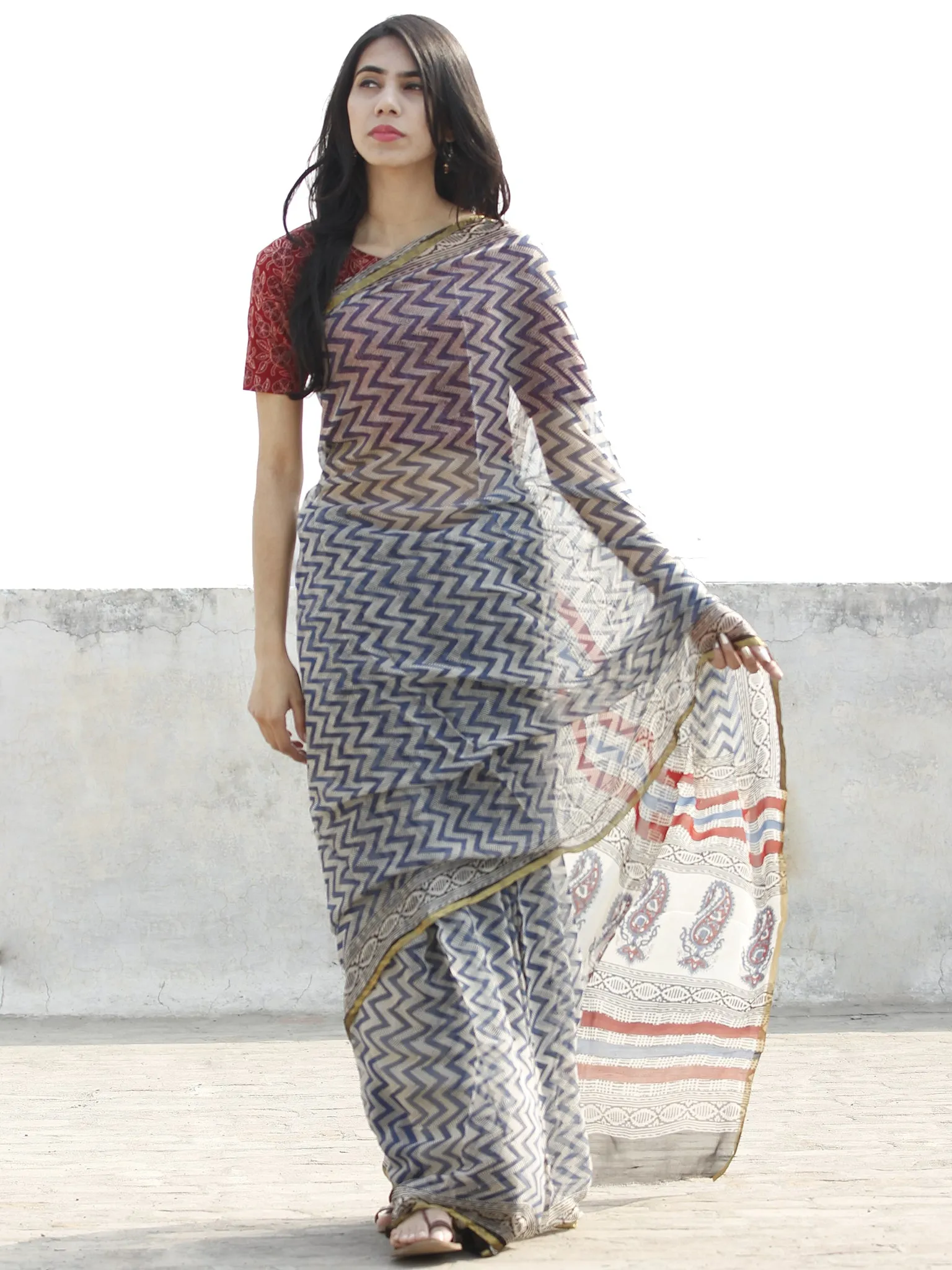 Indigo & Grey Hand Block Printed Chiffon Saree with Zari border- S031702673