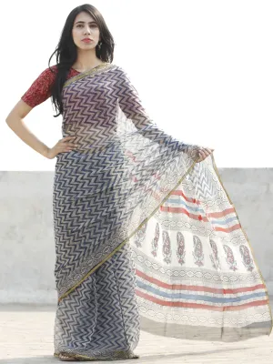 Indigo & Grey Hand Block Printed Chiffon Saree with Zari border- S031702673