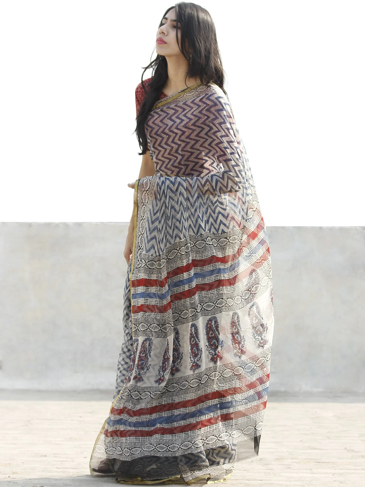 Indigo & Grey Hand Block Printed Chiffon Saree with Zari border- S031702673