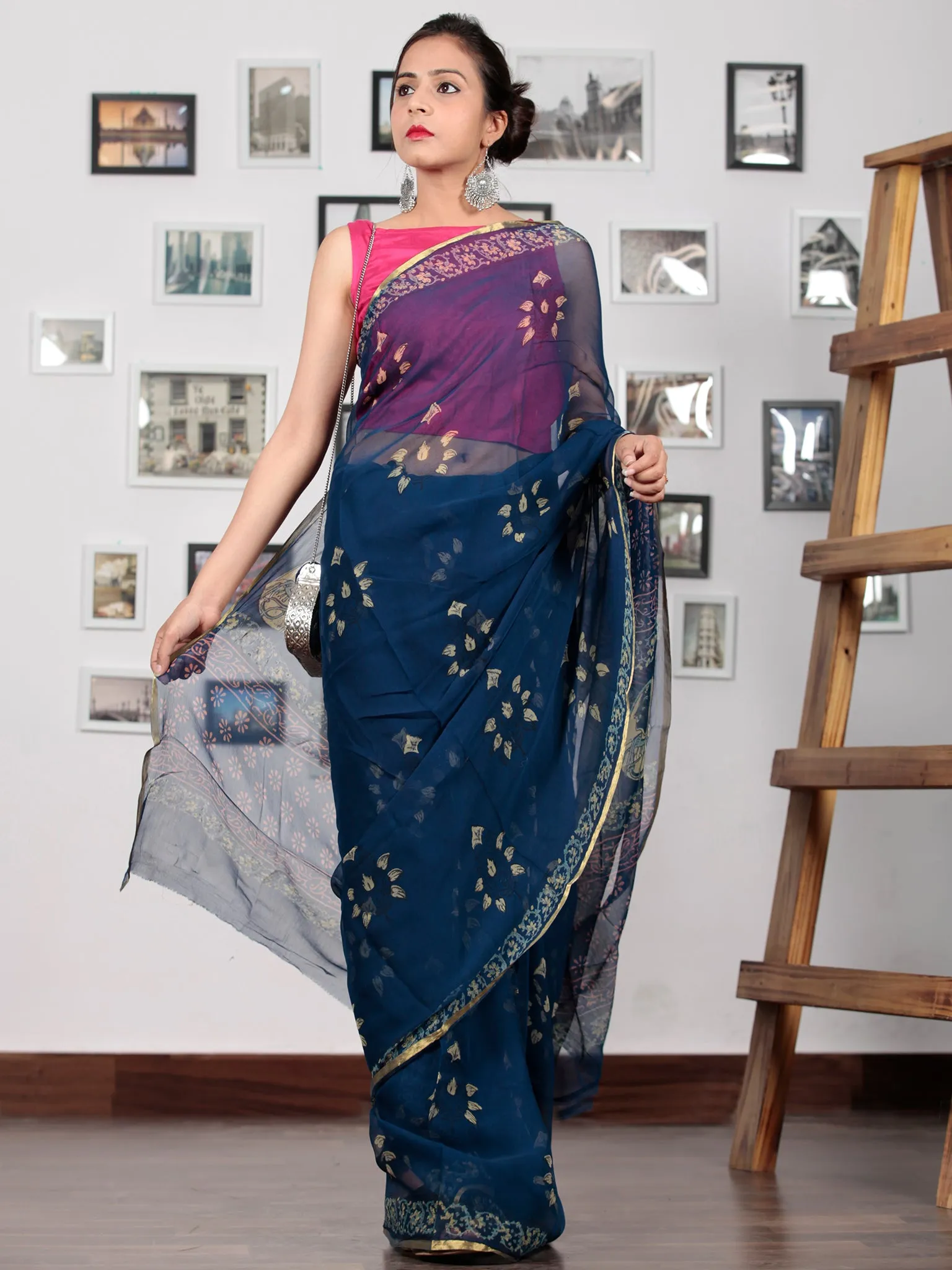 Indigo Beige Lavender Hand Block Printed Chiffon Saree with Zari Border - S031702760