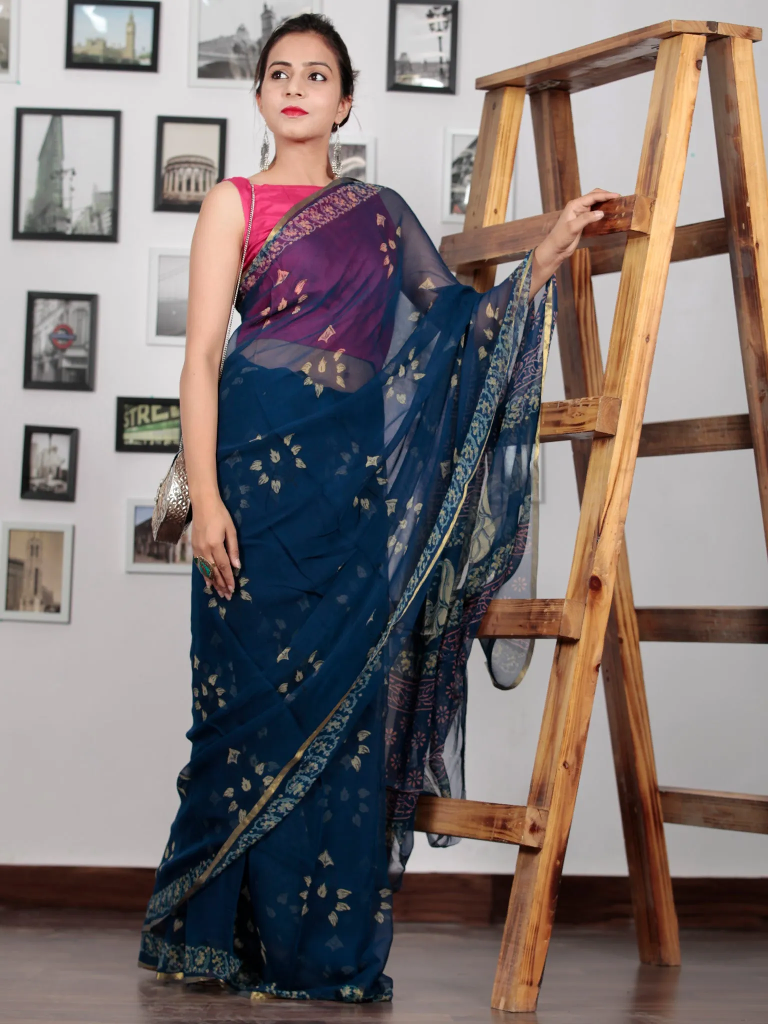 Indigo Beige Lavender Hand Block Printed Chiffon Saree with Zari Border - S031702760