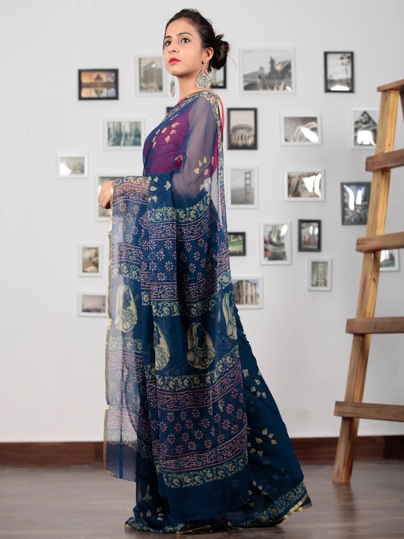 Indigo Beige Lavender Hand Block Printed Chiffon Saree with Zari Border - S031702760