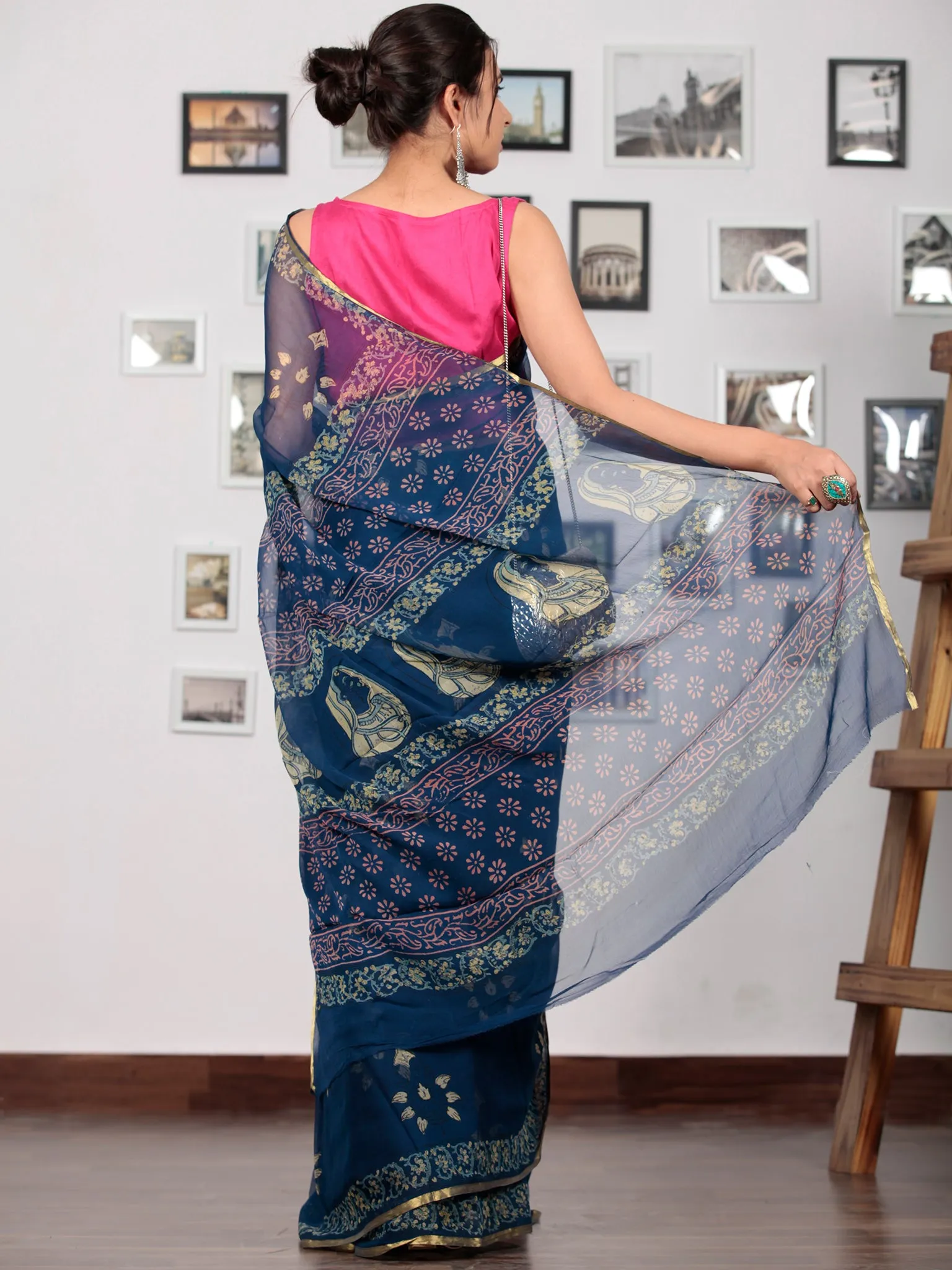 Indigo Beige Lavender Hand Block Printed Chiffon Saree with Zari Border - S031702760