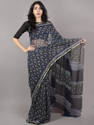 Indigo Ivory Brown Hand Block Printed Chiffon Saree - S031701668