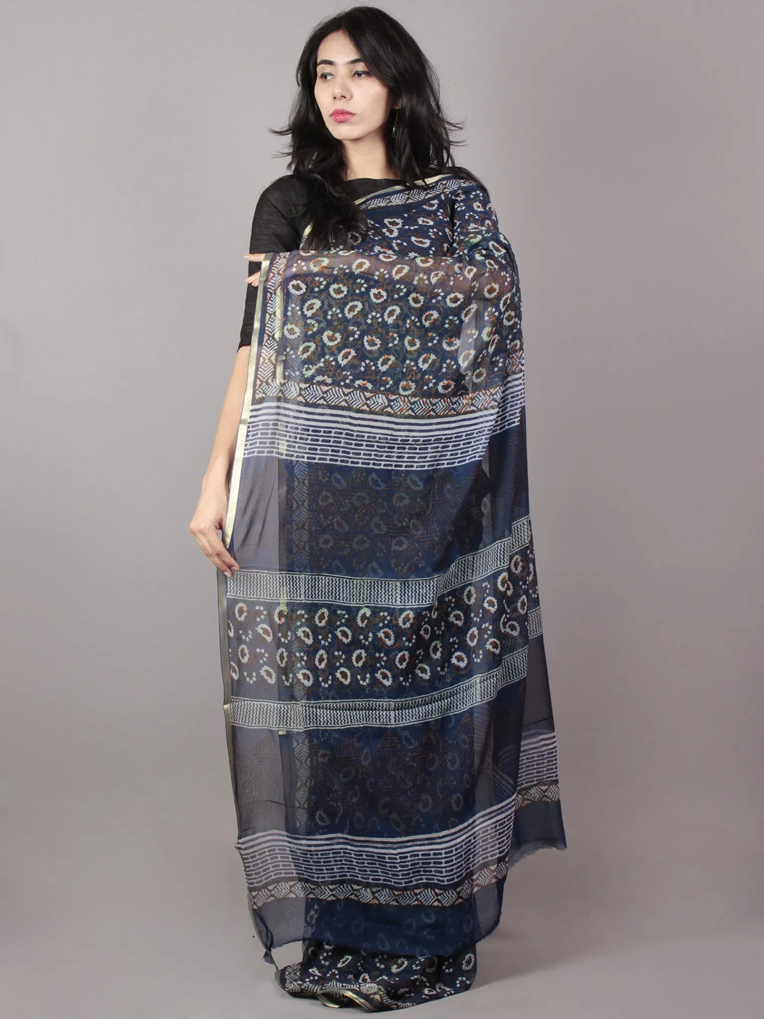 Indigo Ivory Brown Hand Block Printed Chiffon Saree - S031701668