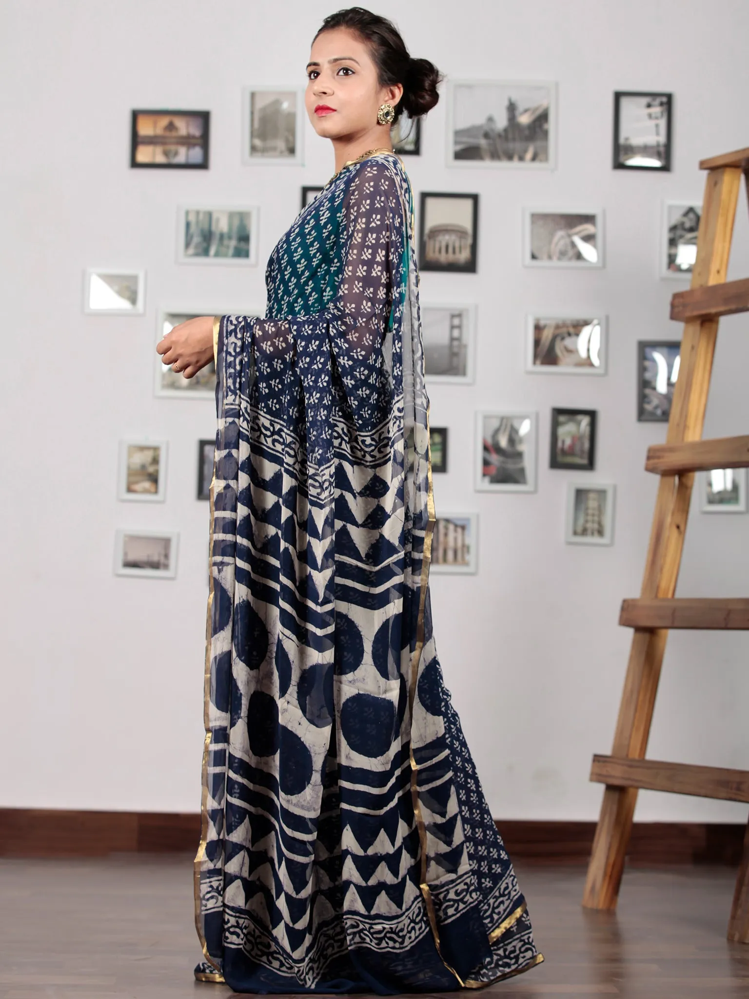 Indigo Ivory Hand Block Printed Chiffon Saree with Zari Border - S031702780