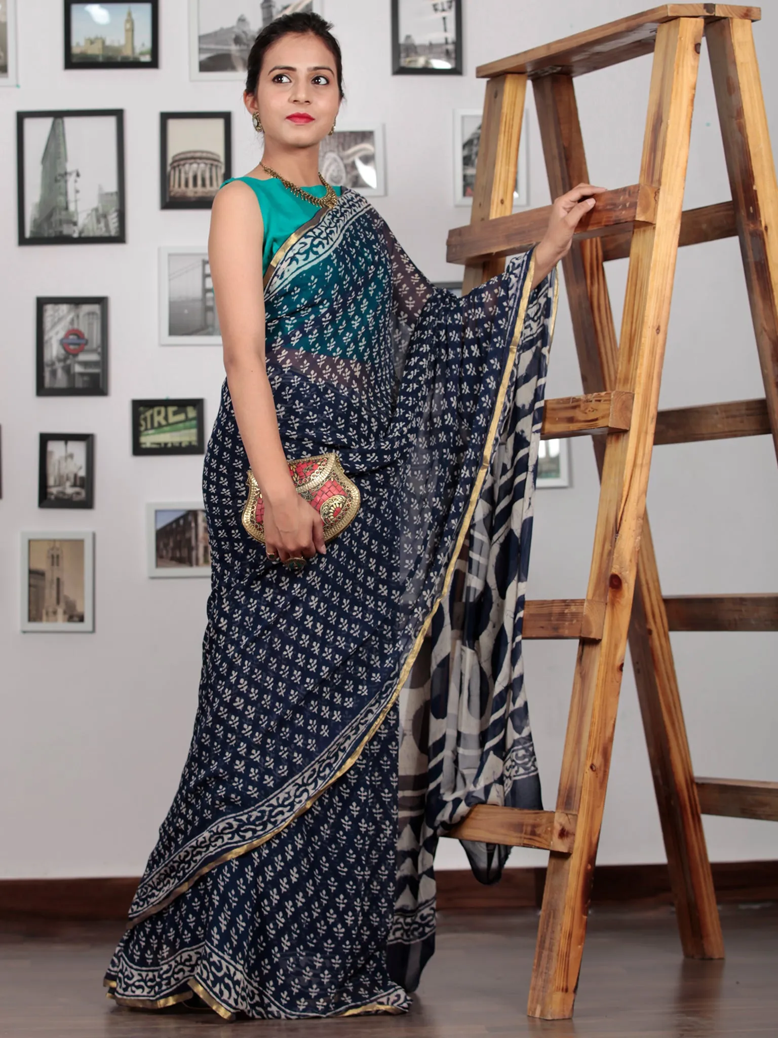 Indigo Ivory Hand Block Printed Chiffon Saree with Zari Border - S031702780