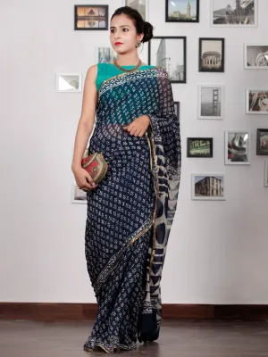 Indigo Ivory Hand Block Printed Chiffon Saree with Zari Border - S031702780