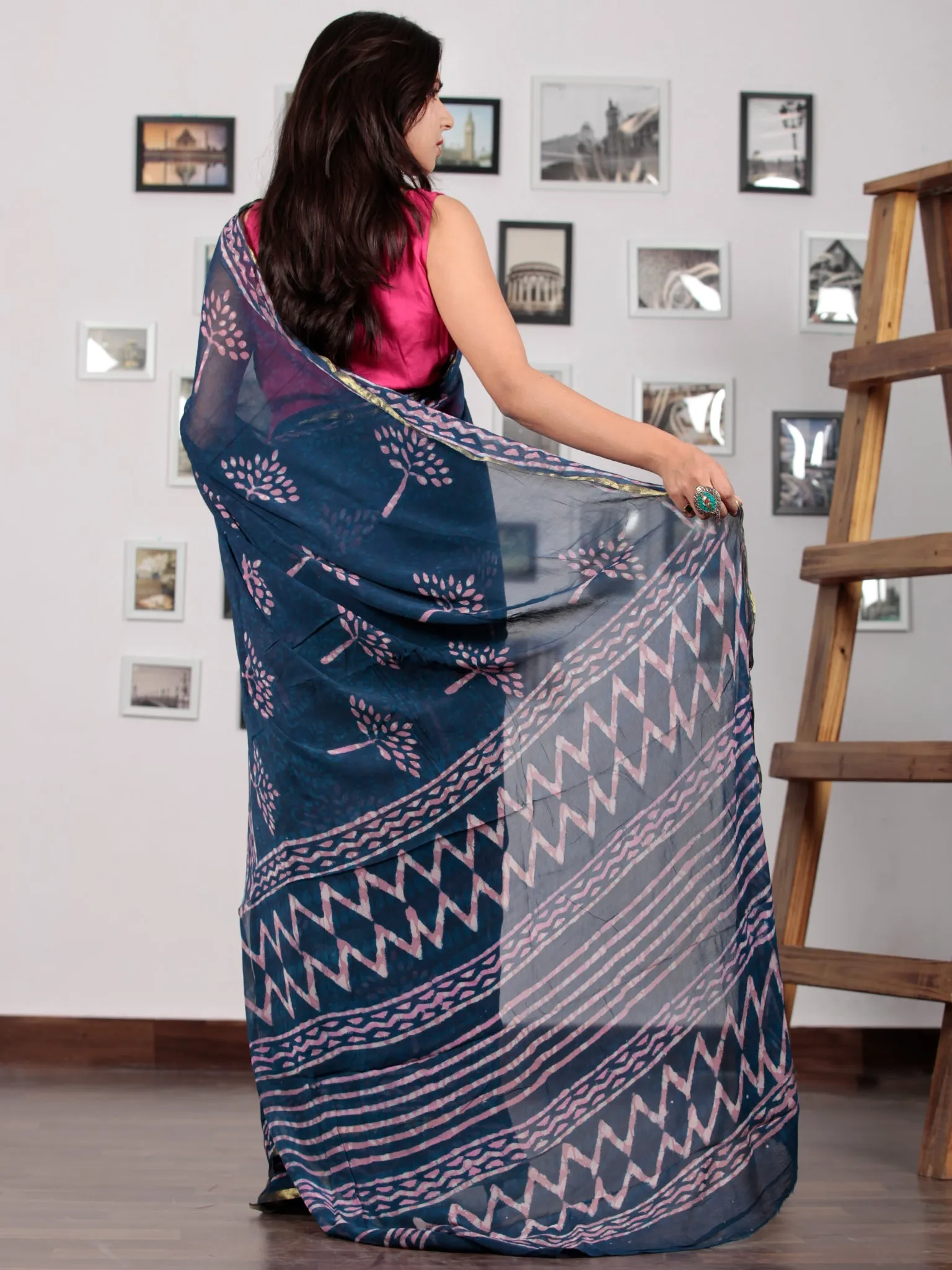 Indigo Purple Hand Block Printed Chiffon Saree with Zari Border - S031702762