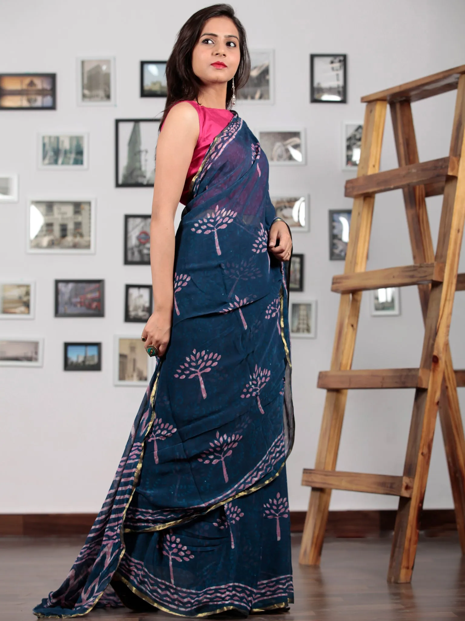 Indigo Purple Hand Block Printed Chiffon Saree with Zari Border - S031702762