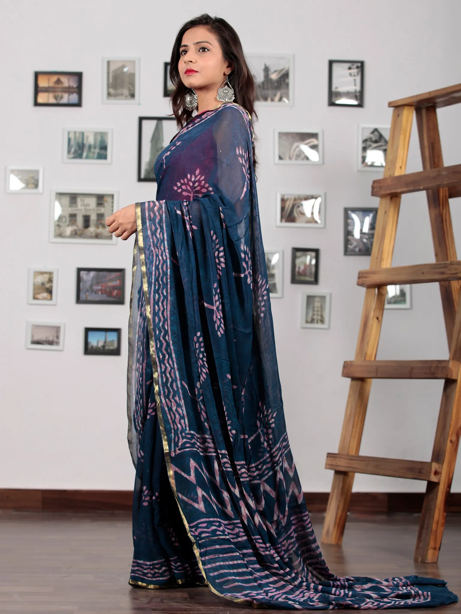 Indigo Purple Hand Block Printed Chiffon Saree with Zari Border - S031702762