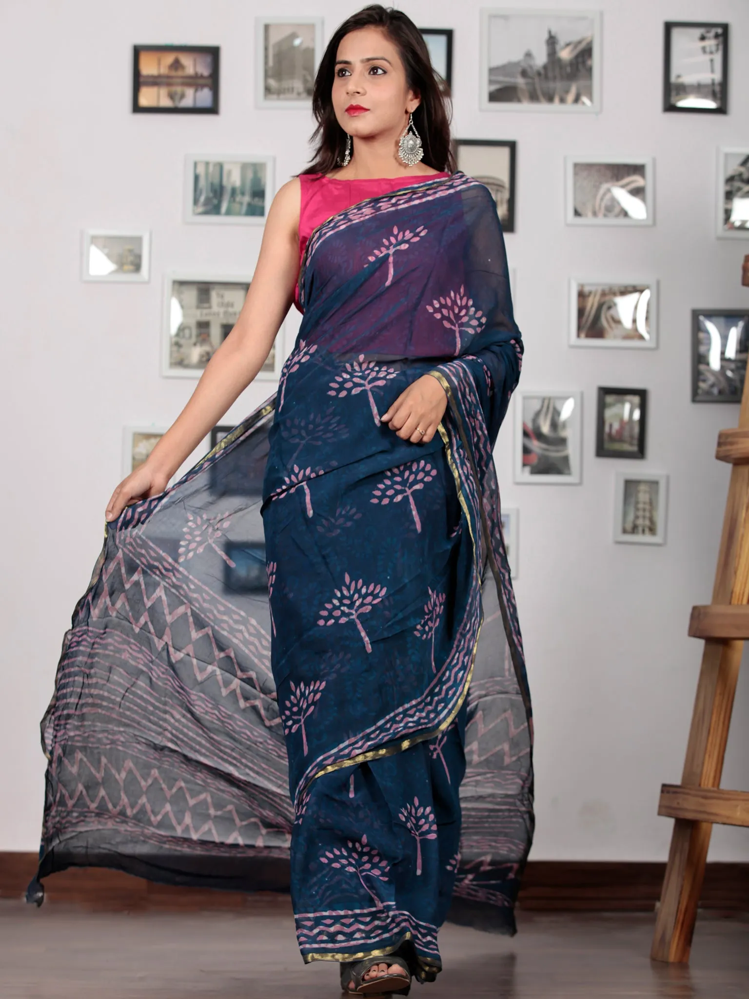 Indigo Purple Hand Block Printed Chiffon Saree with Zari Border - S031702762