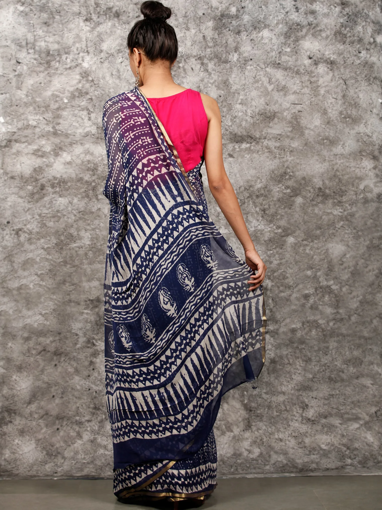 Indigo White Hand Block Printed Chiffon Saree with Zari Border - S031703160