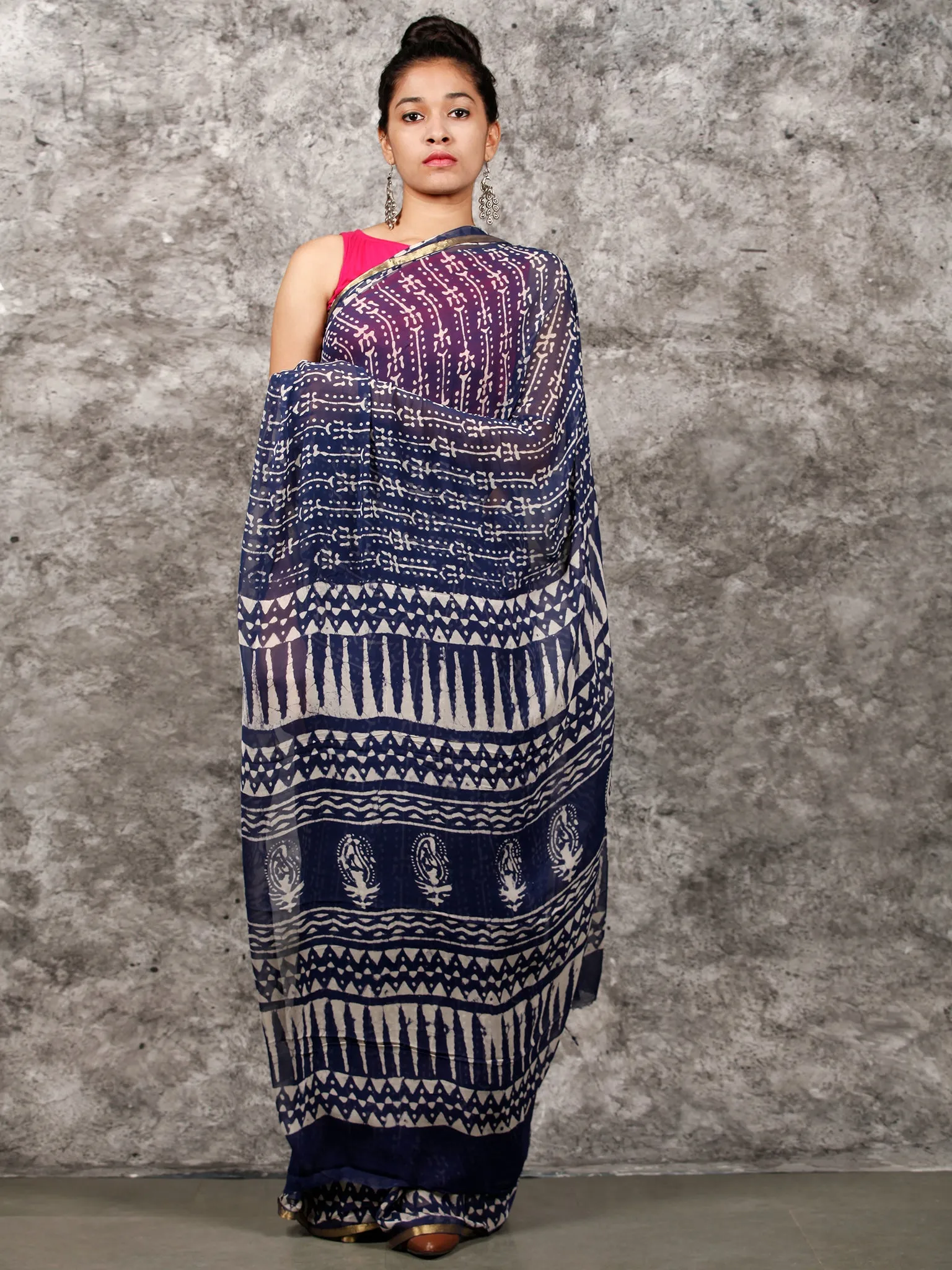 Indigo White Hand Block Printed Chiffon Saree with Zari Border - S031703160