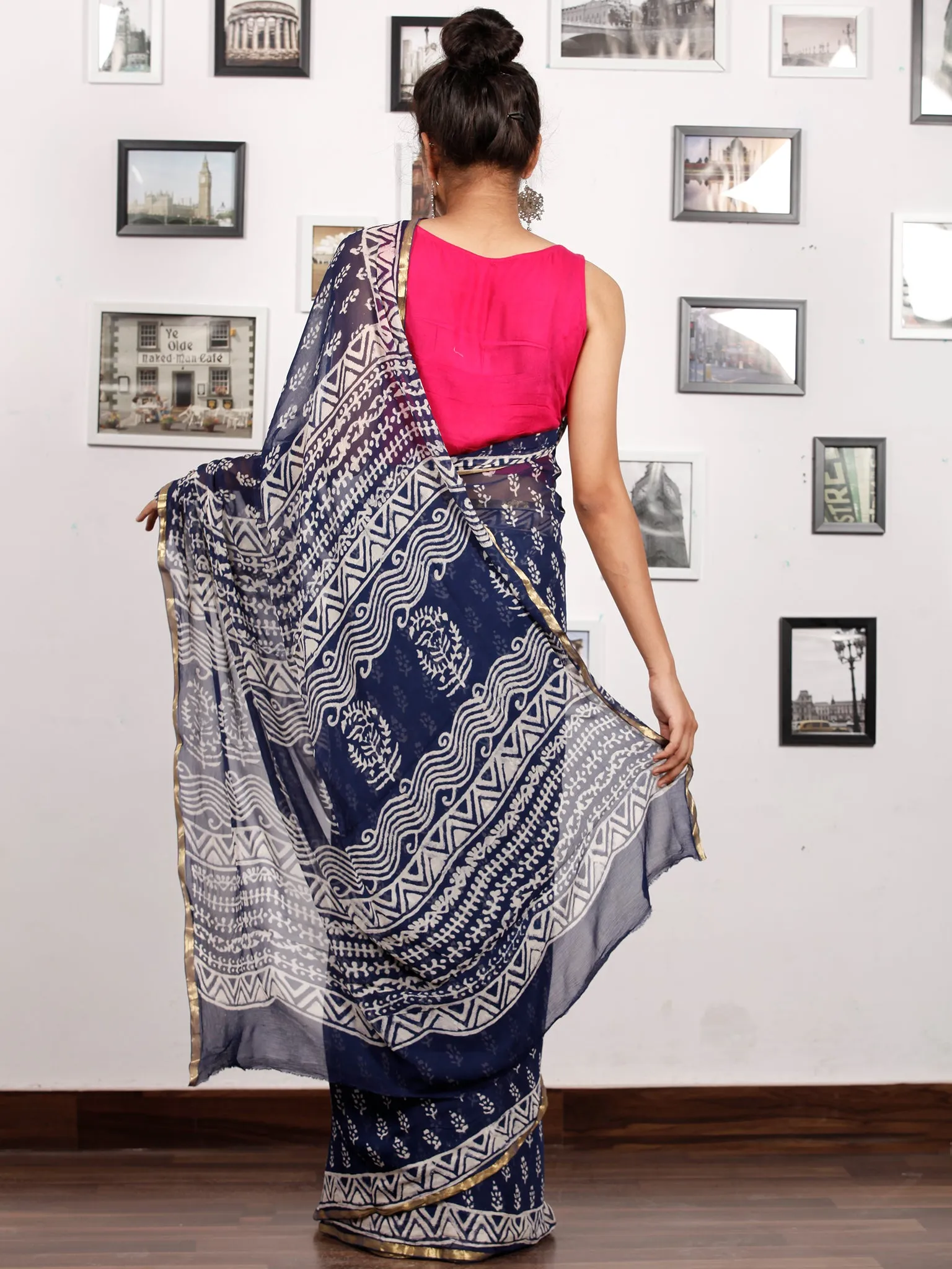 Indigo White Hand Block Printed Chiffon Saree with Zari Border - S031703166