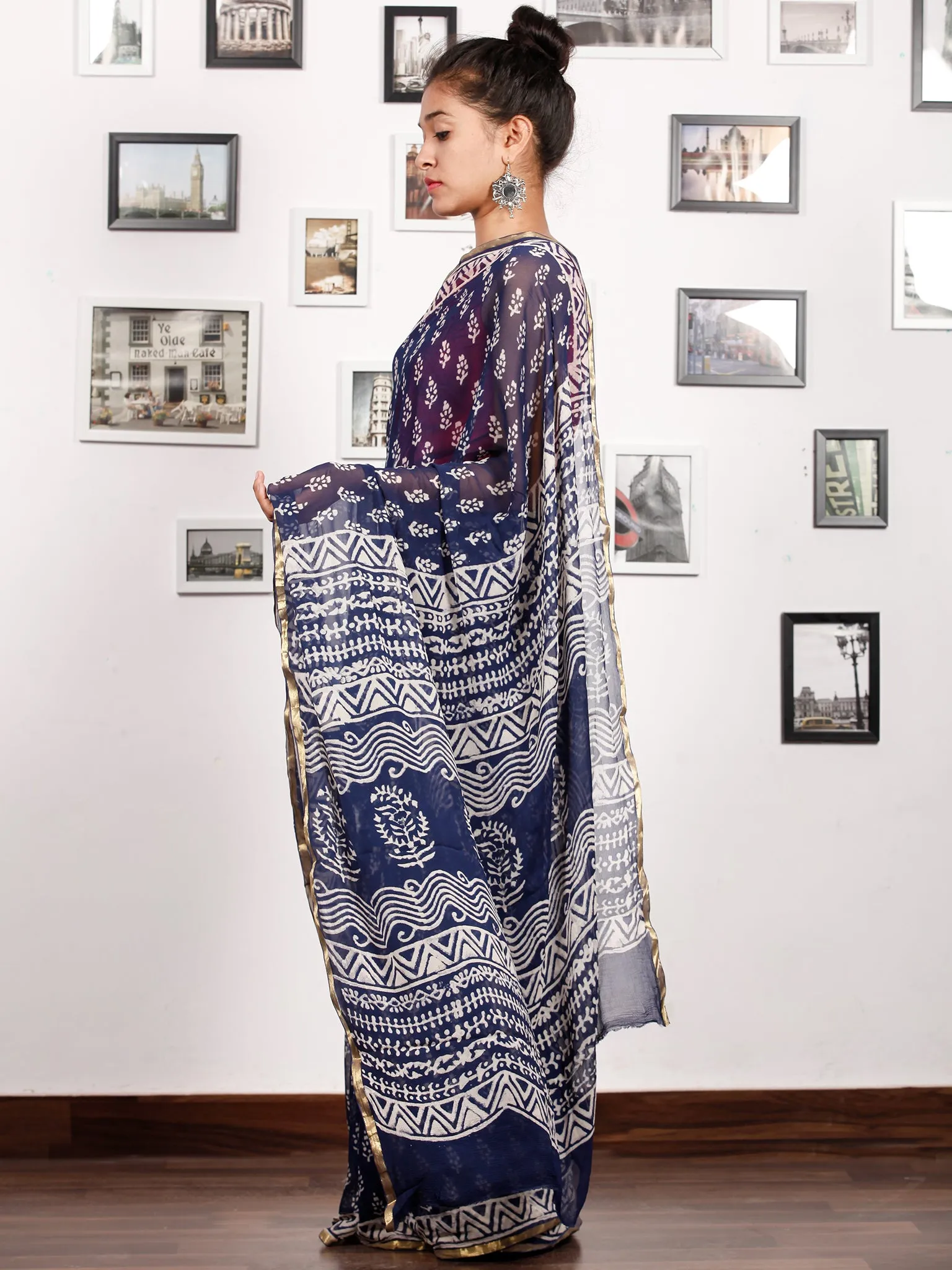 Indigo White Hand Block Printed Chiffon Saree with Zari Border - S031703166