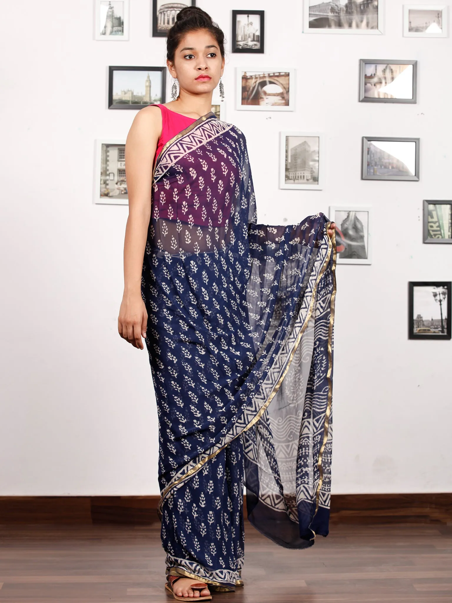 Indigo White Hand Block Printed Chiffon Saree with Zari Border - S031703166