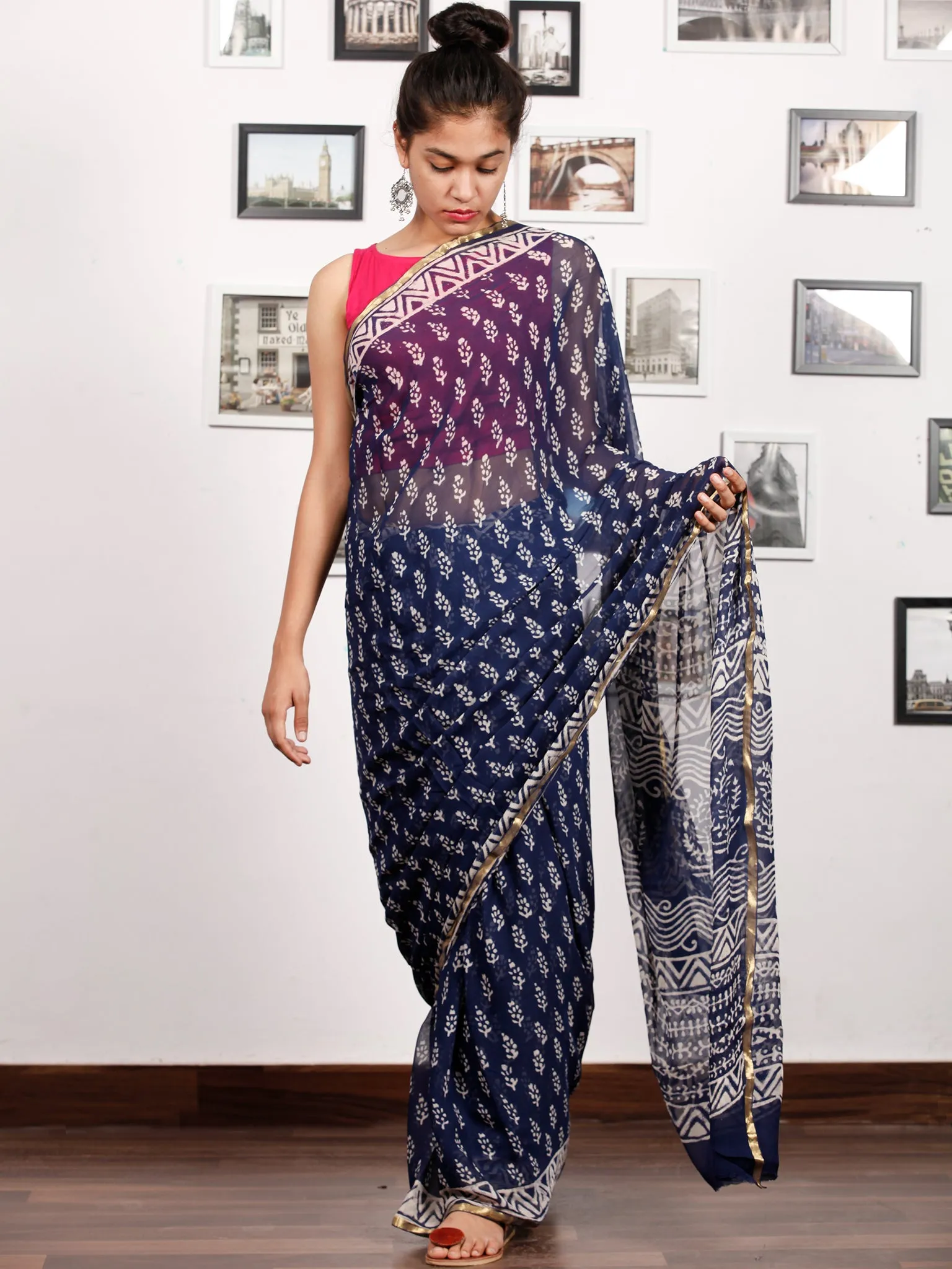 Indigo White Hand Block Printed Chiffon Saree with Zari Border - S031703166