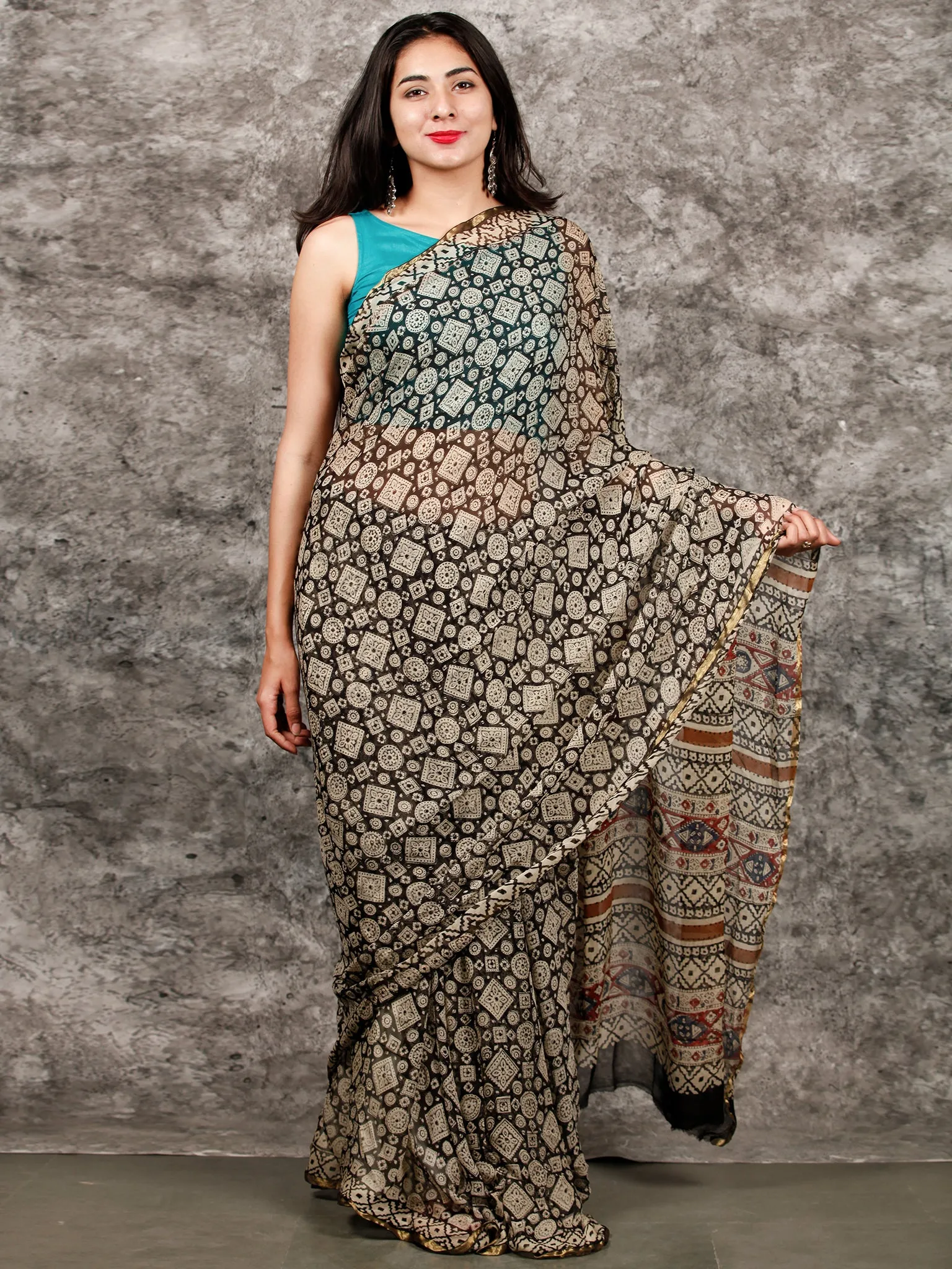 Ivory Black Hand Block Printed Chiffon Saree with Zari Border - S031703217