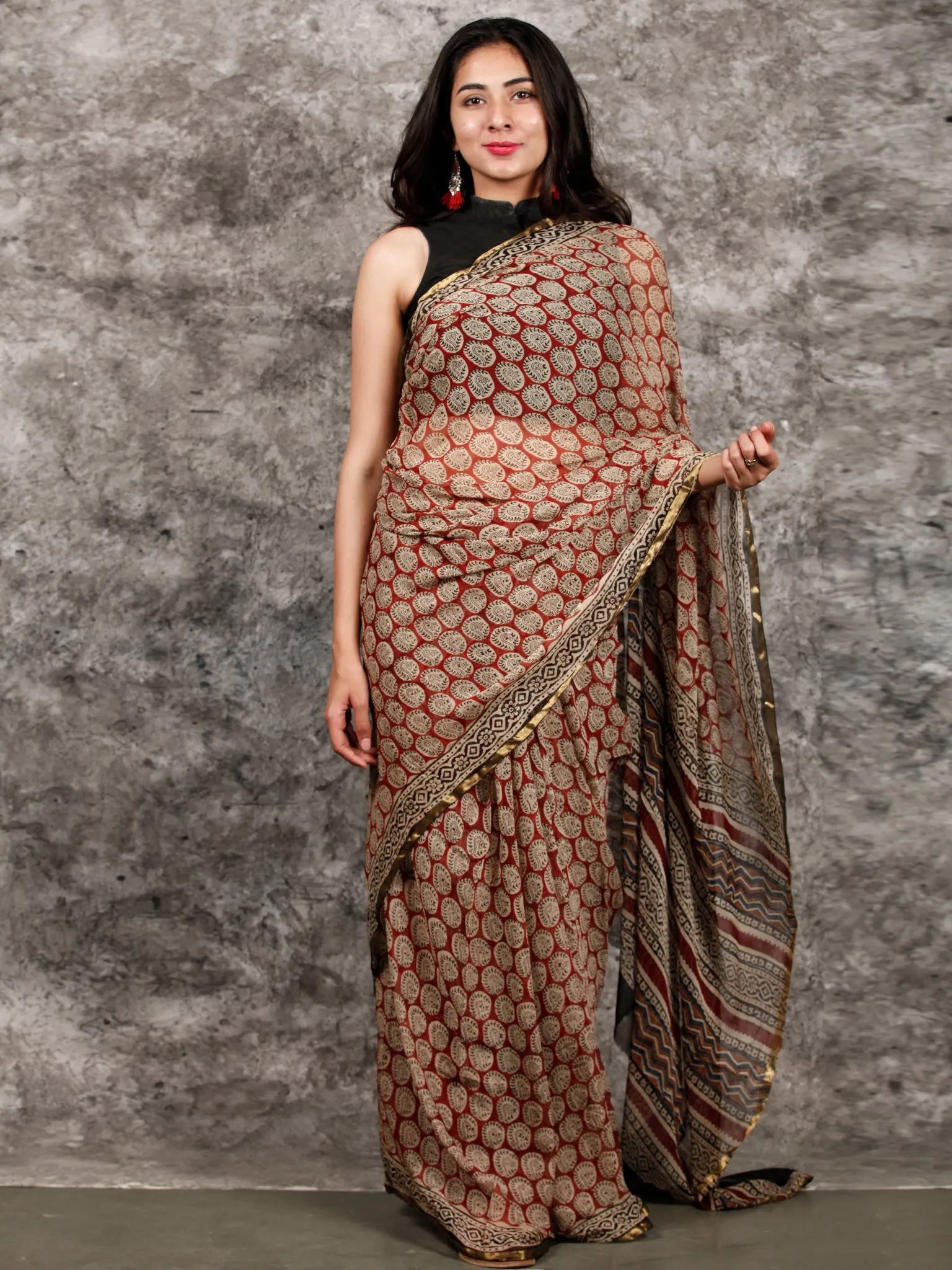 Ivory Red Black Hand Block Printed Chiffon Saree with Zari Border - S031703213