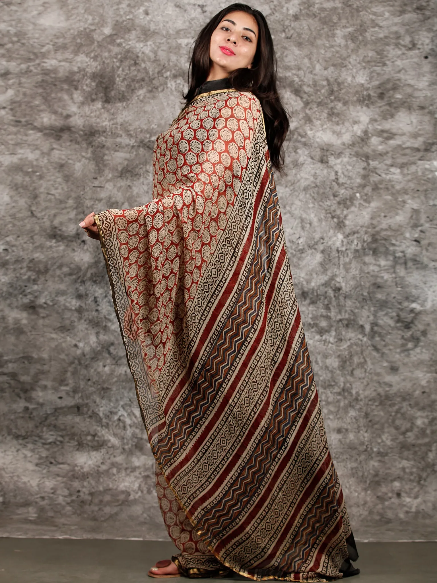 Ivory Red Black Hand Block Printed Chiffon Saree with Zari Border - S031703213