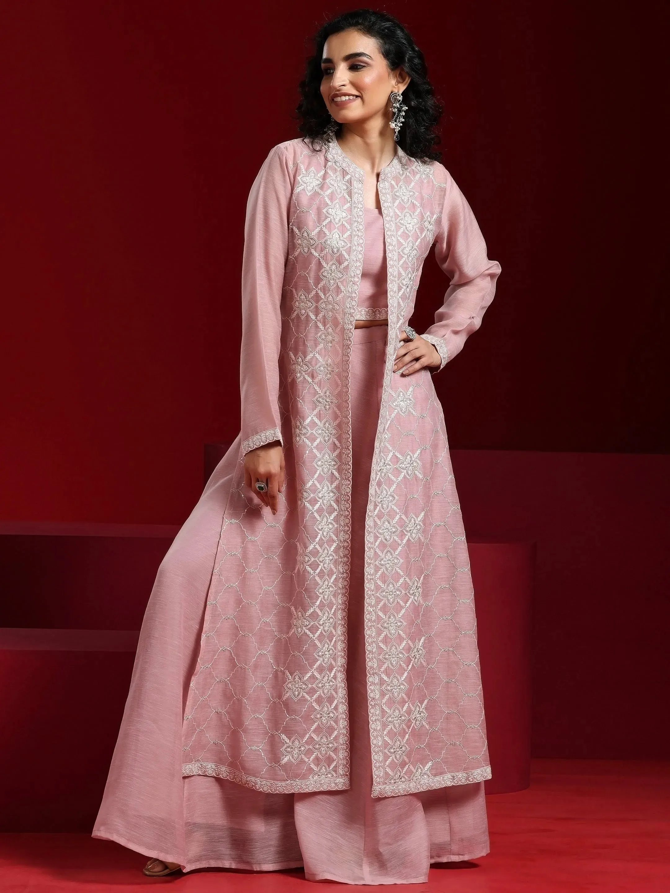 Jashvi Art Pink Solid Silk Blend Co-Ords