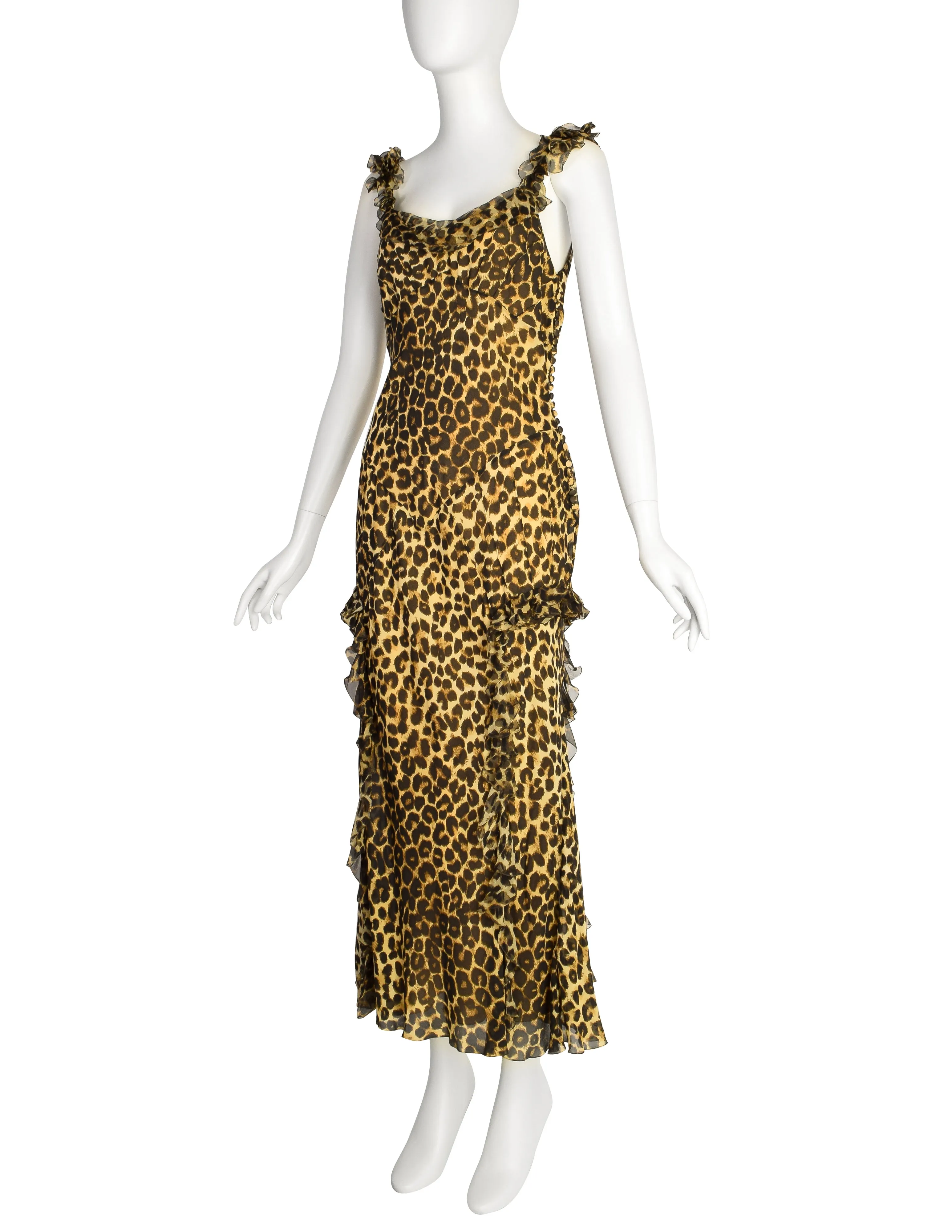 John Galliano Vintage AW2002 Leopard Print Silk Chiffon Ruffle Bias Gown with Matching Shawl