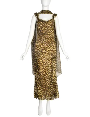 John Galliano Vintage AW2002 Leopard Print Silk Chiffon Ruffle Bias Gown with Matching Shawl