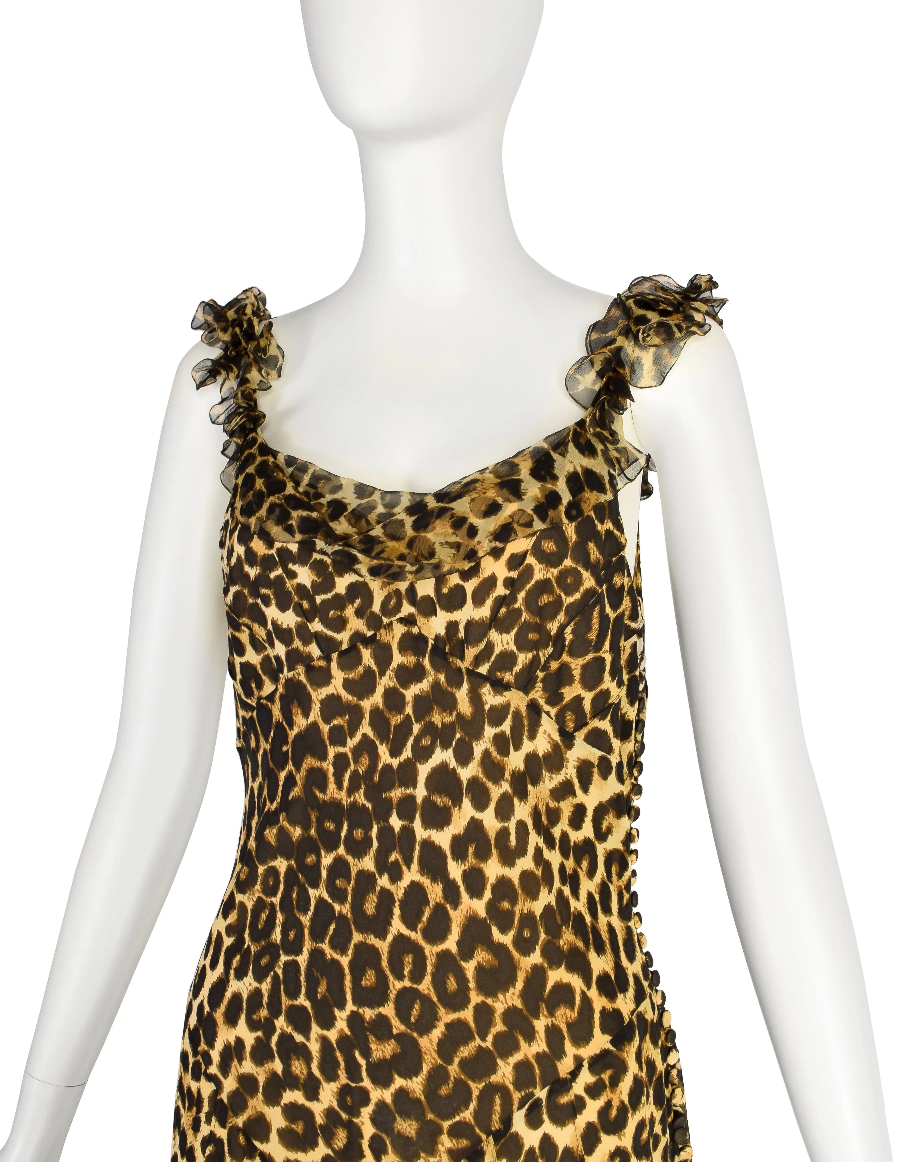 John Galliano Vintage AW2002 Leopard Print Silk Chiffon Ruffle Bias Gown with Matching Shawl