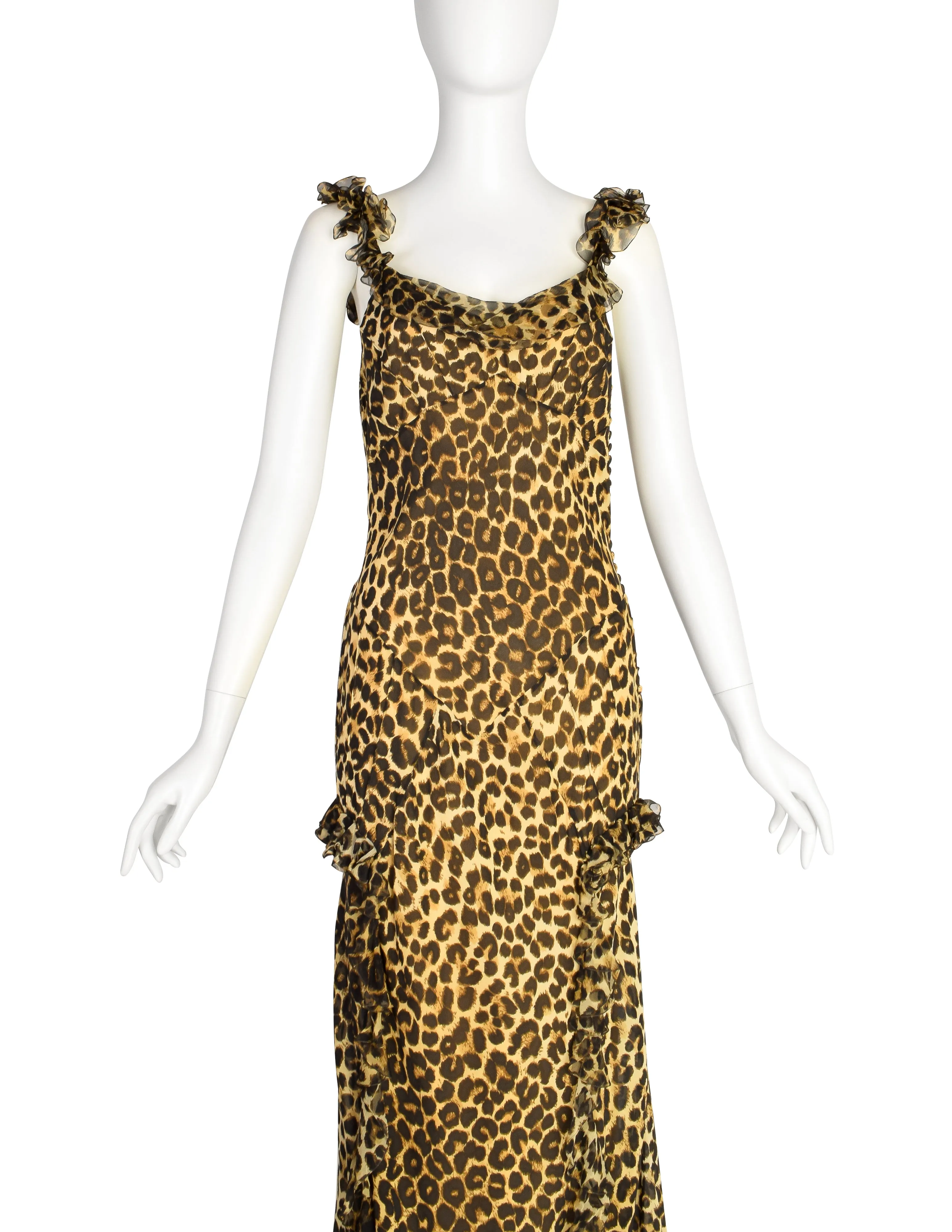 John Galliano Vintage AW2002 Leopard Print Silk Chiffon Ruffle Bias Gown with Matching Shawl