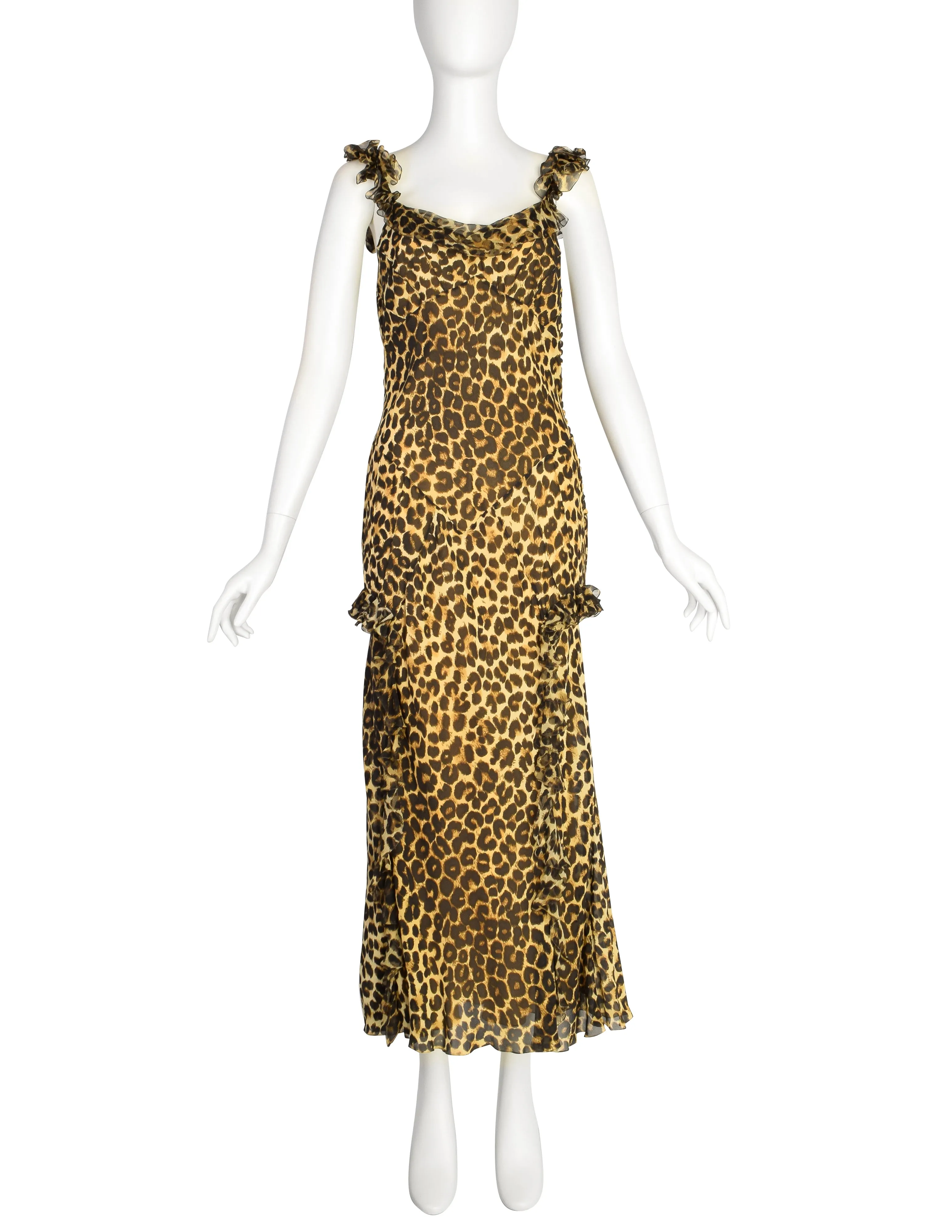 John Galliano Vintage AW2002 Leopard Print Silk Chiffon Ruffle Bias Gown with Matching Shawl