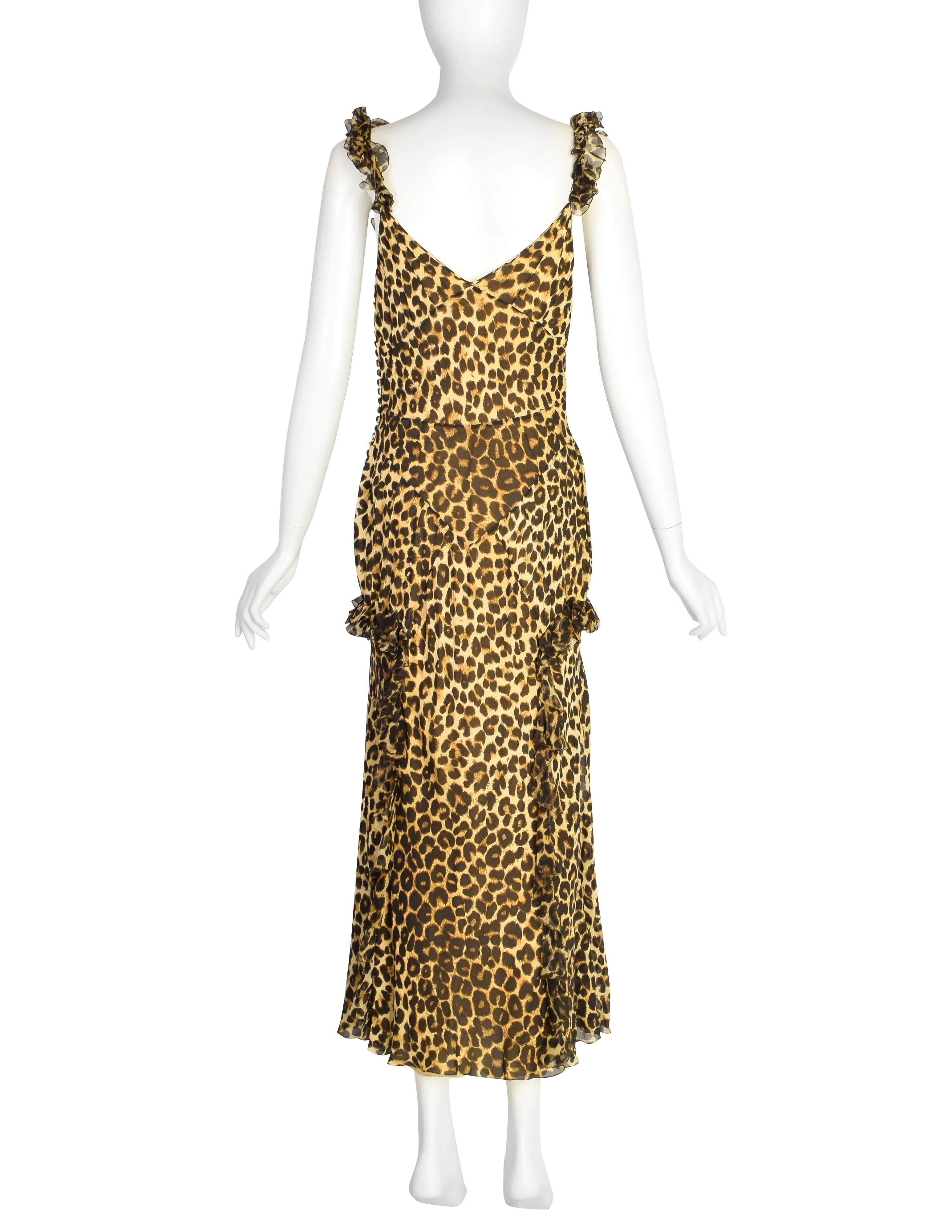 John Galliano Vintage AW2002 Leopard Print Silk Chiffon Ruffle Bias Gown with Matching Shawl