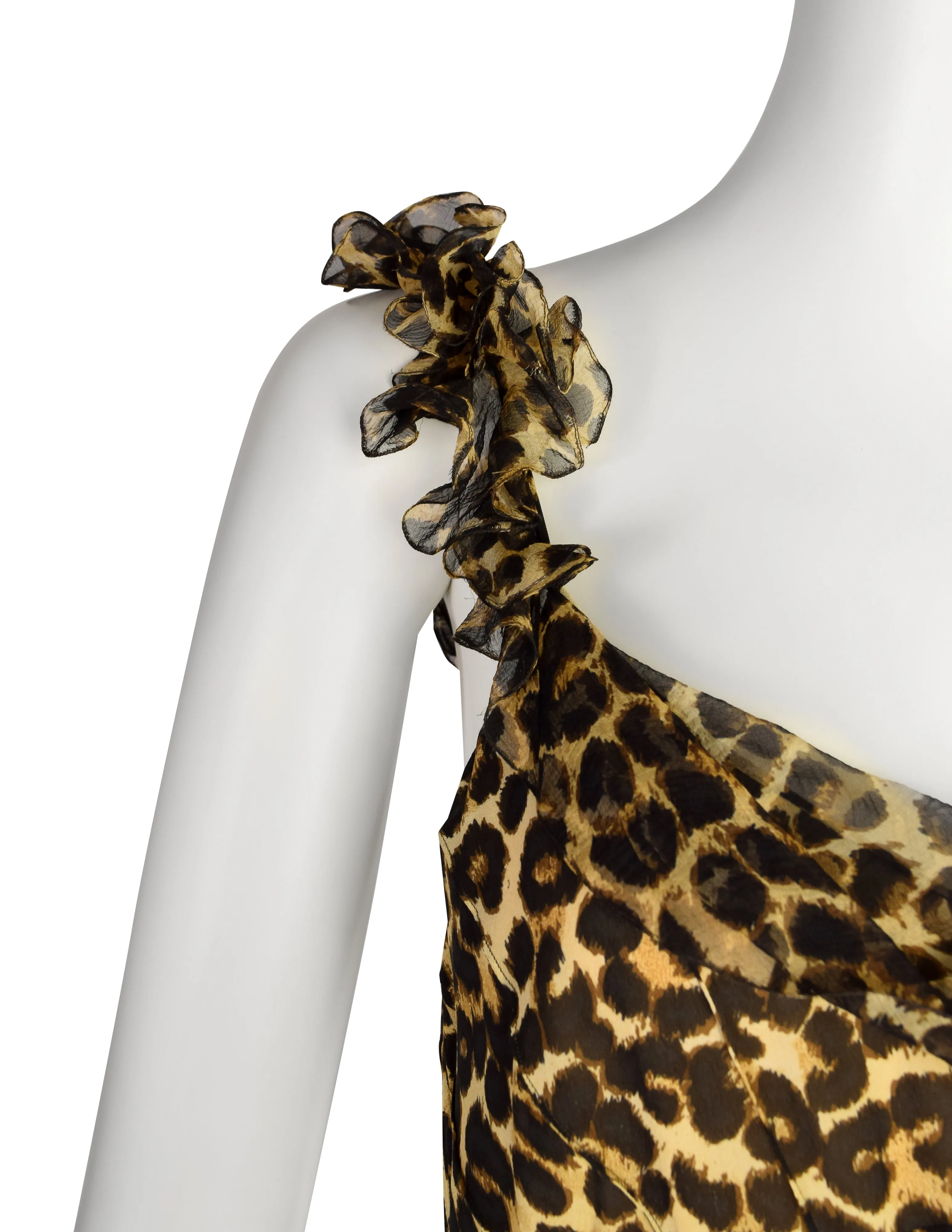 John Galliano Vintage AW2002 Leopard Print Silk Chiffon Ruffle Bias Gown with Matching Shawl